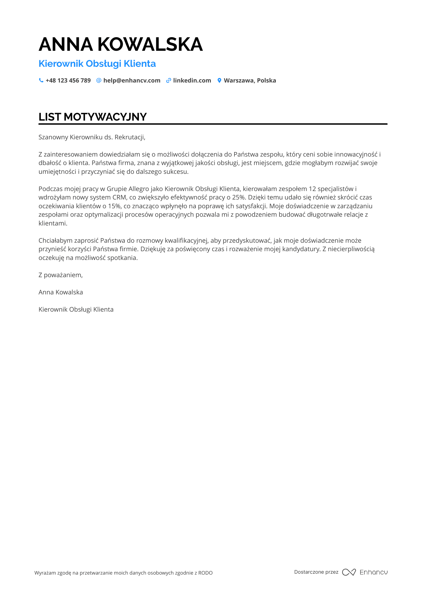 List motywacyjny dla Kierownik Obsługi Klienta Resume Example