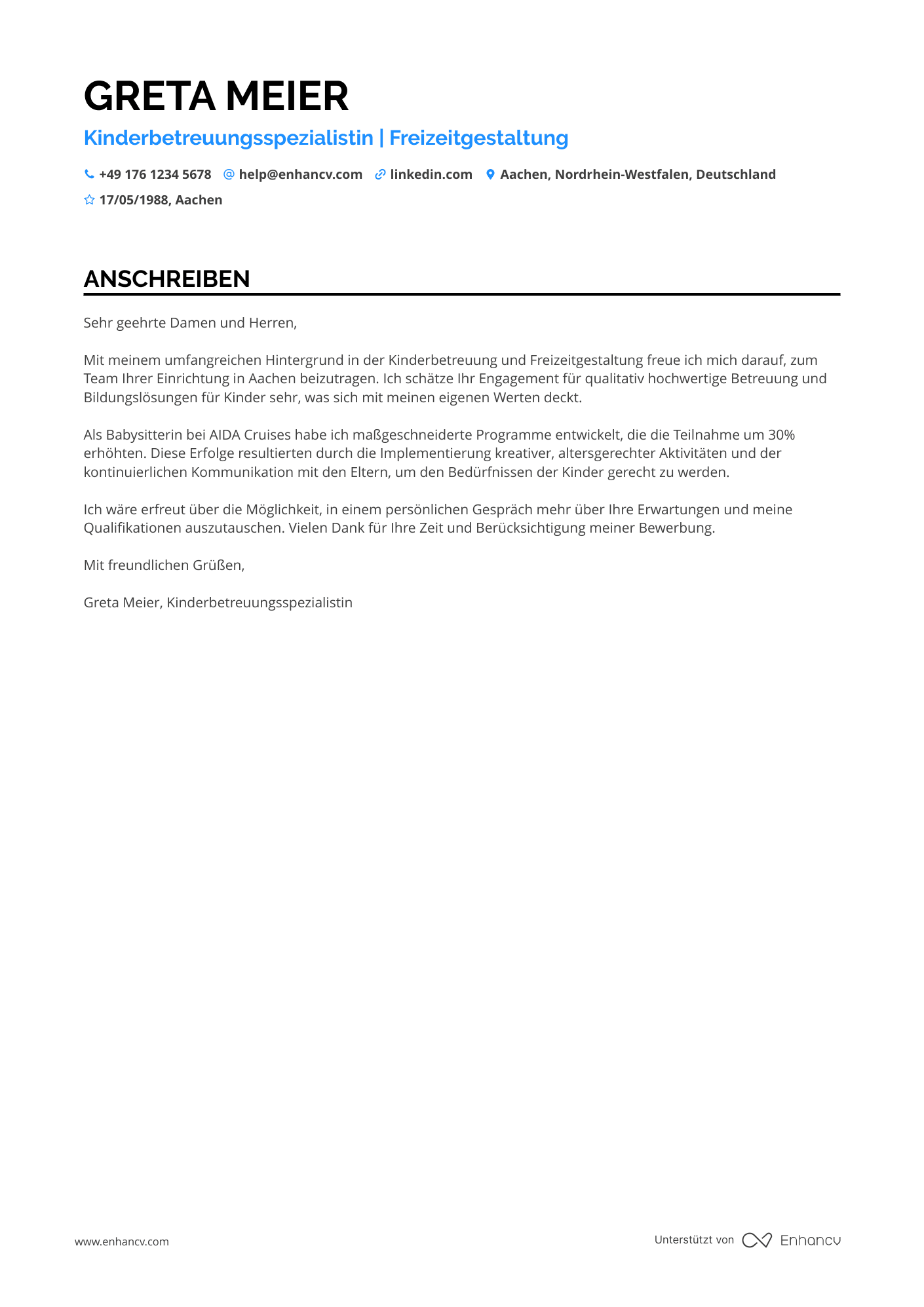 Babysitter in Ferienresorts Resume Example
