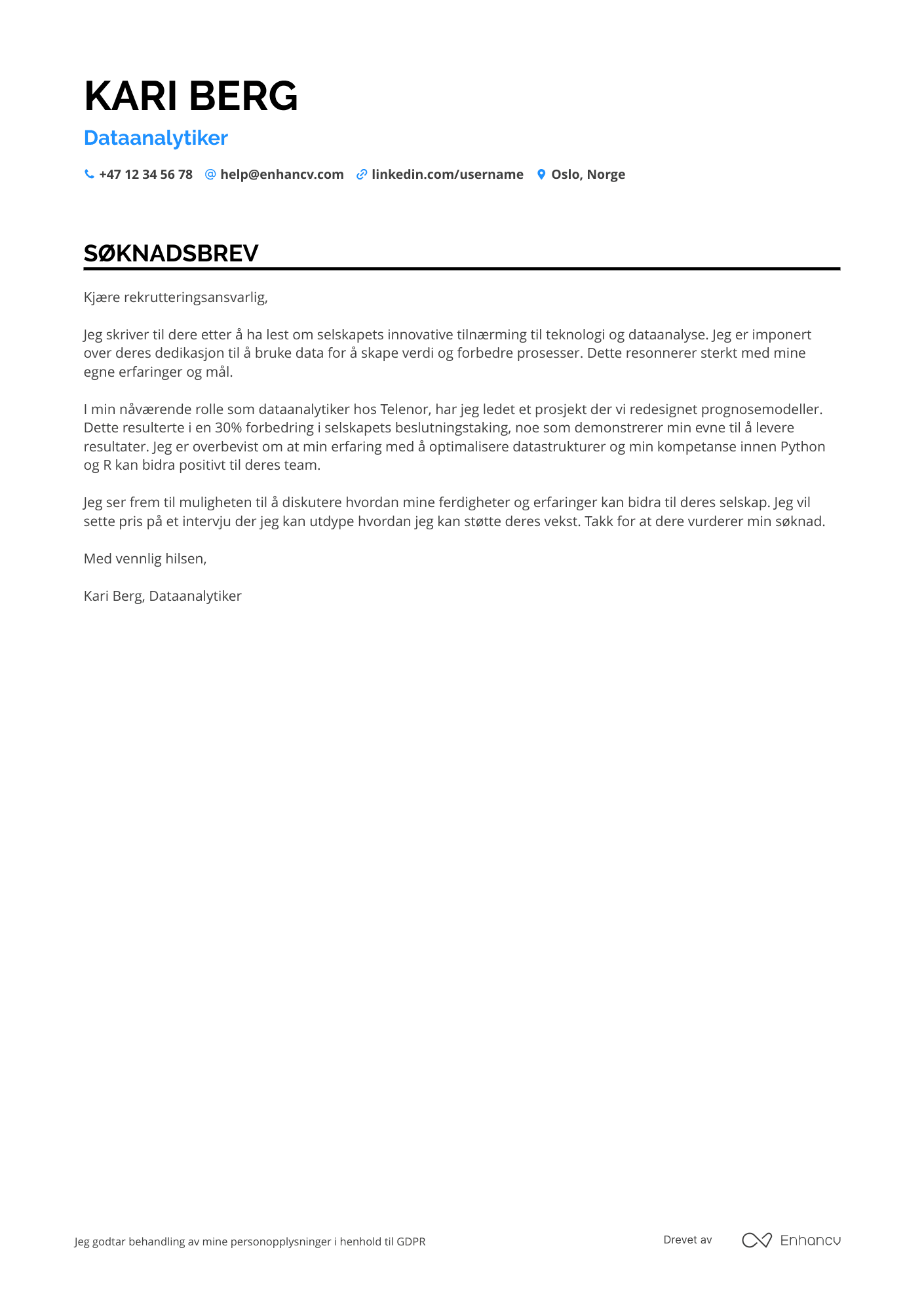 Søknadsbrev for Nyutdannede Dataanalytiker i teknologibransjen Resume Example