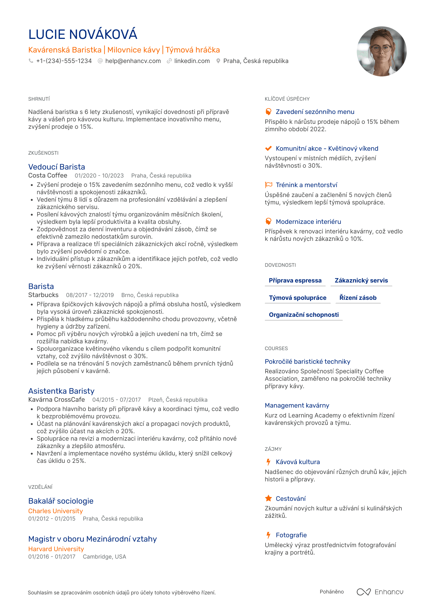 Životopis pro Kavárenský Barista Resume Example