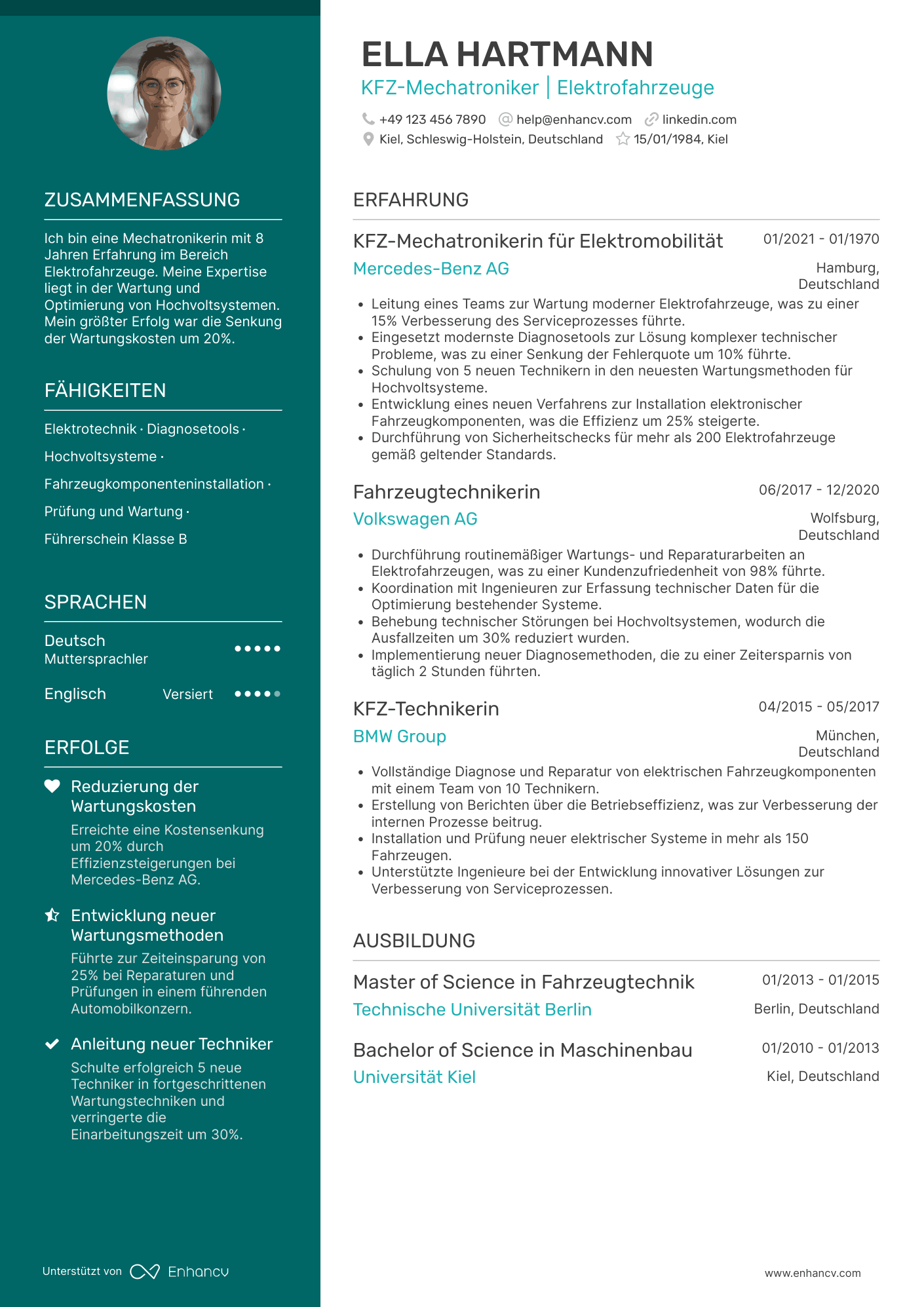 Lebenslauf als KFZ Mechatroniker für Elektrofahrzeuge Resume Example