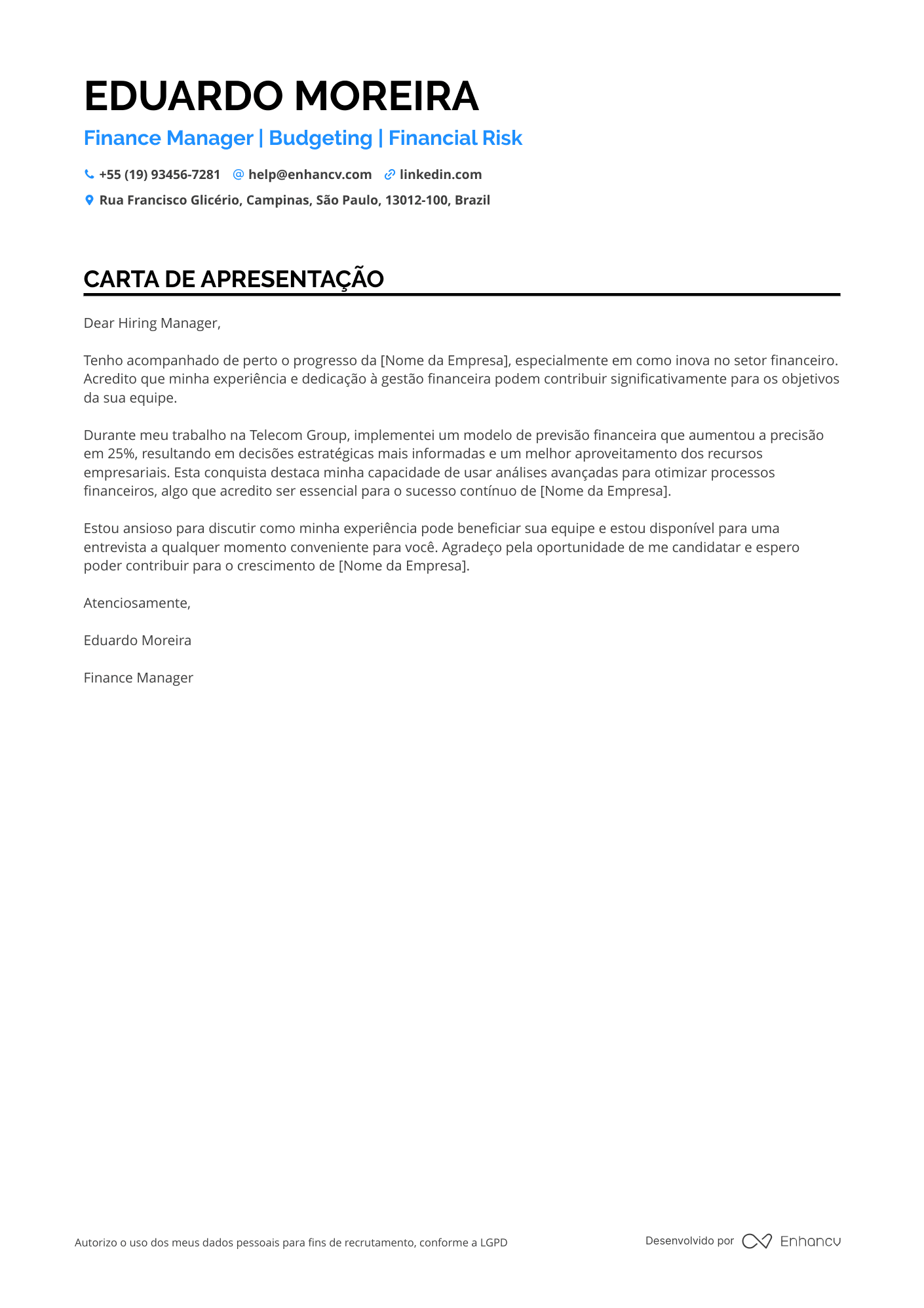 Gerente Financeiro de Tesouraria Resume Example