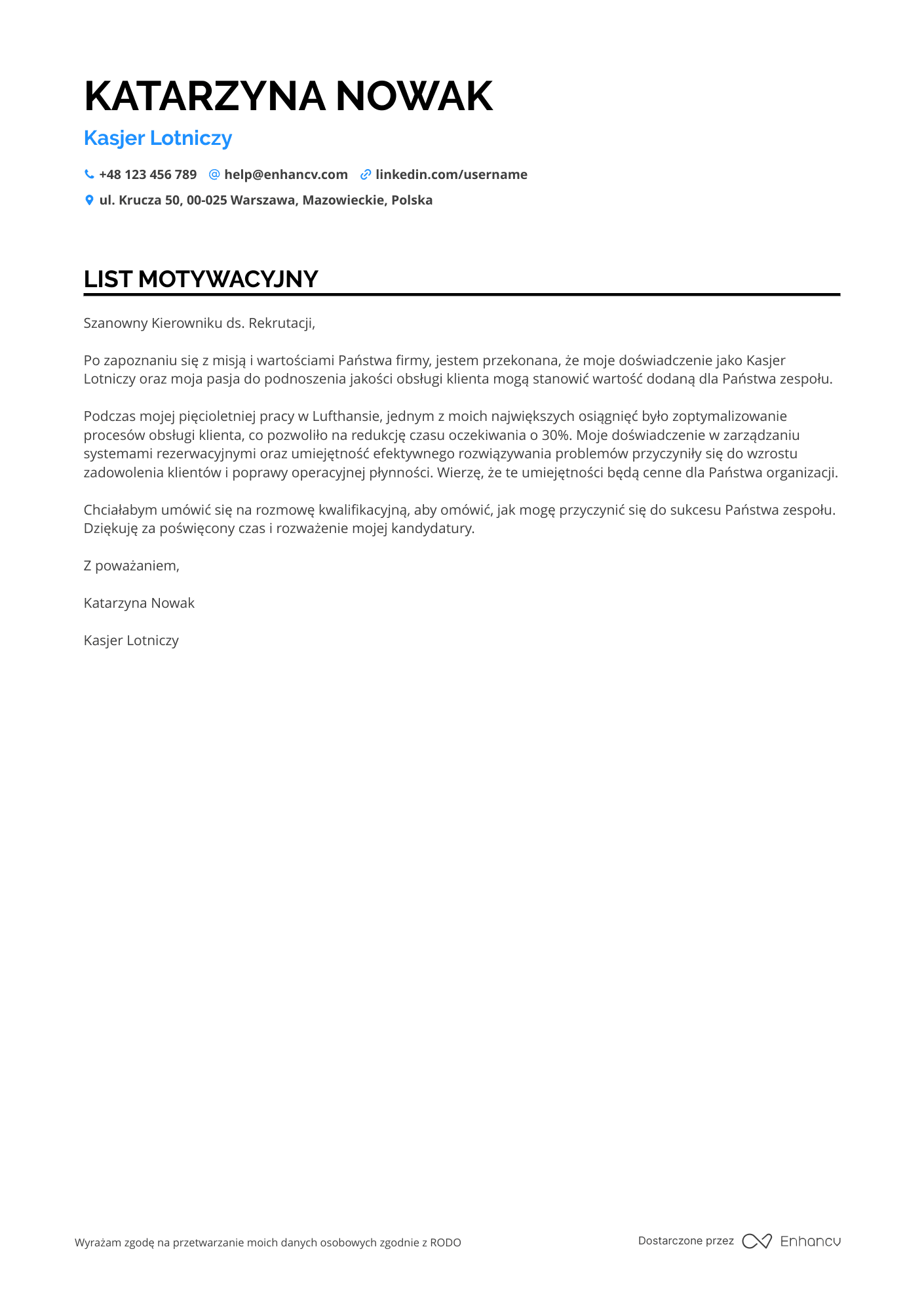 List motywacyjny dla Kasjer Lotniczy Resume Example