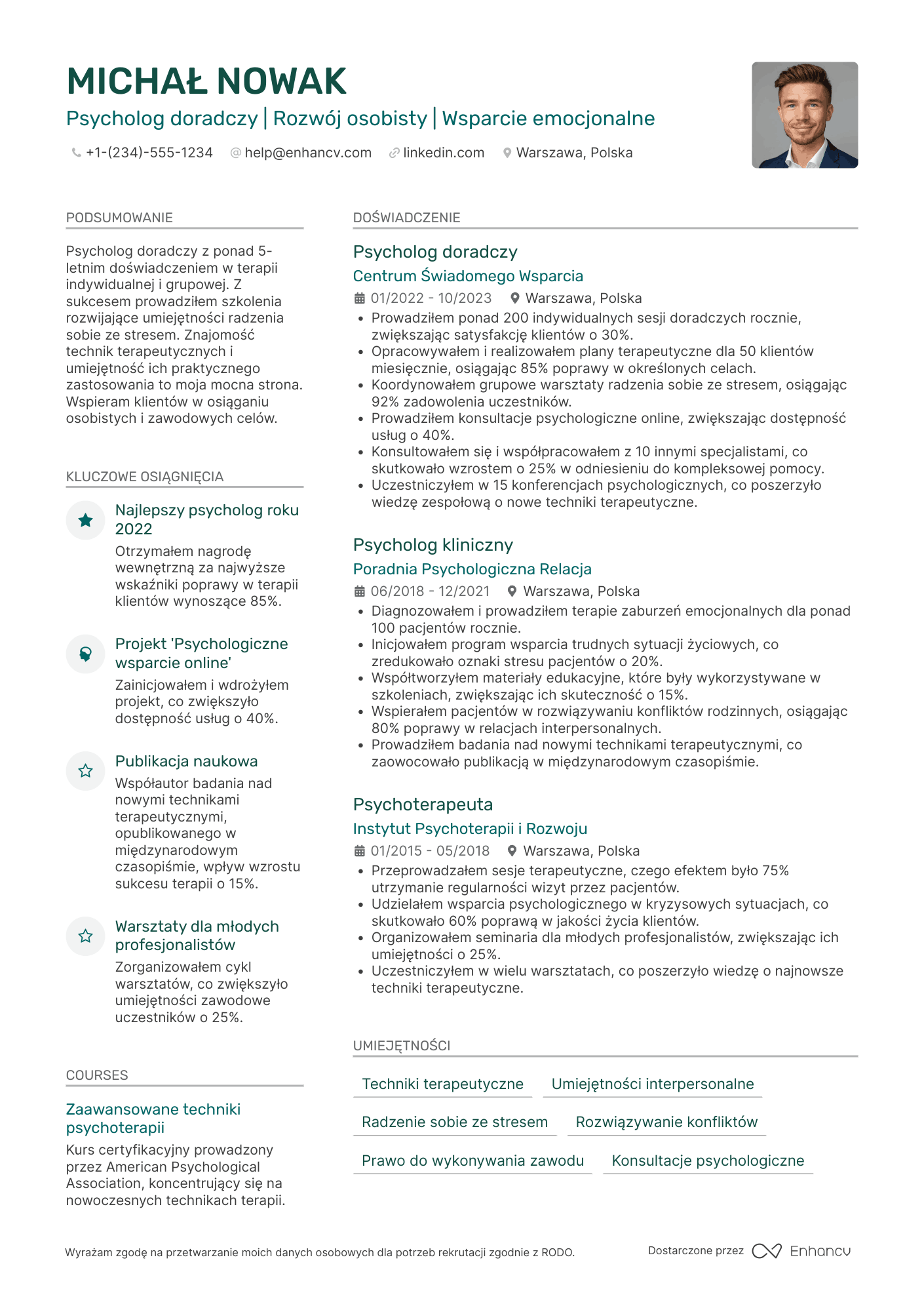 CV dla Psycholog doradczy Resume Example