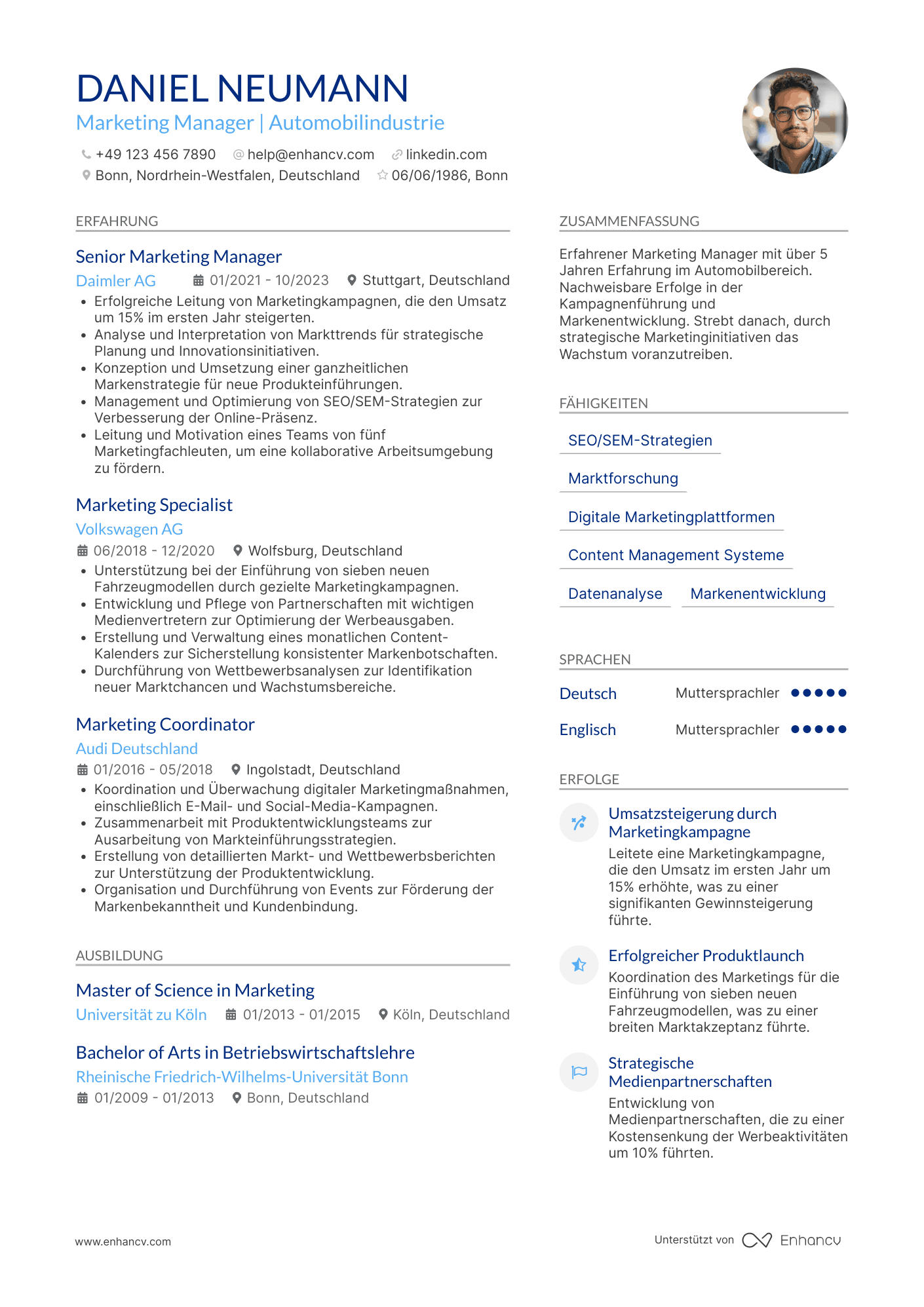Lebenslauf in Marketing Manager in der Automobilindustrie Resume Example