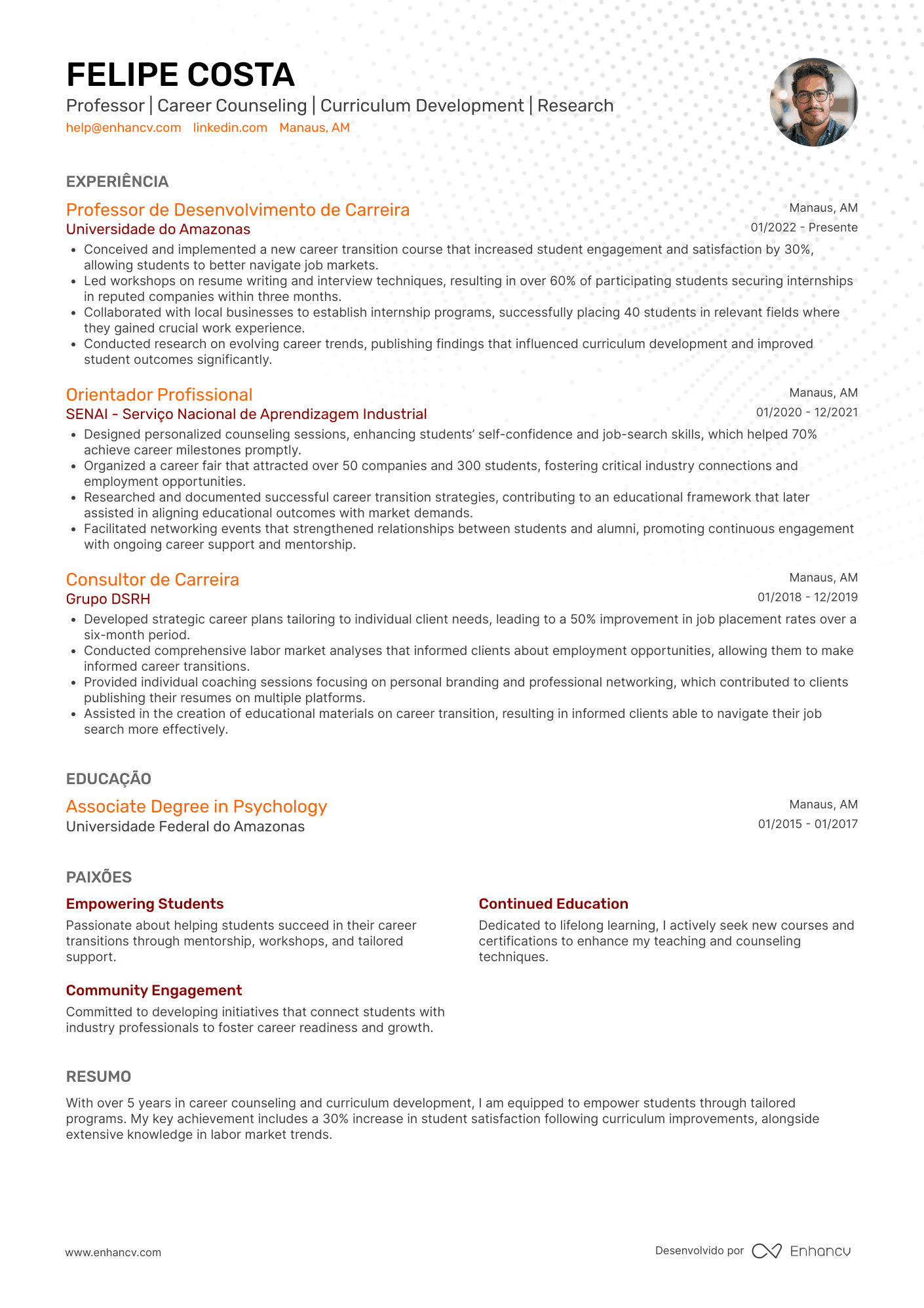 Professor em transição de carreira Resume Example