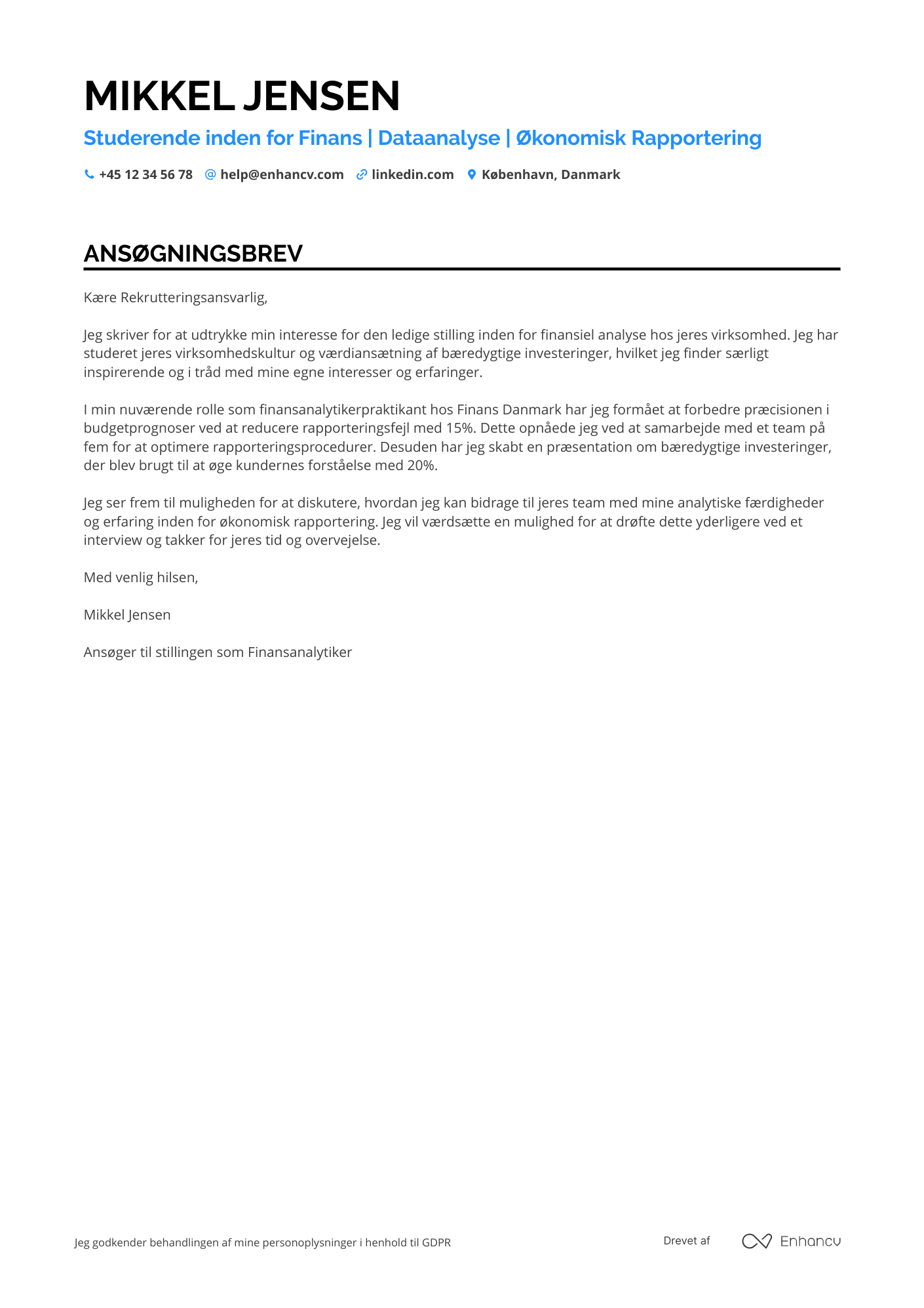 Ansøgningsbrev til Studerende inden for Finans Resume Example
