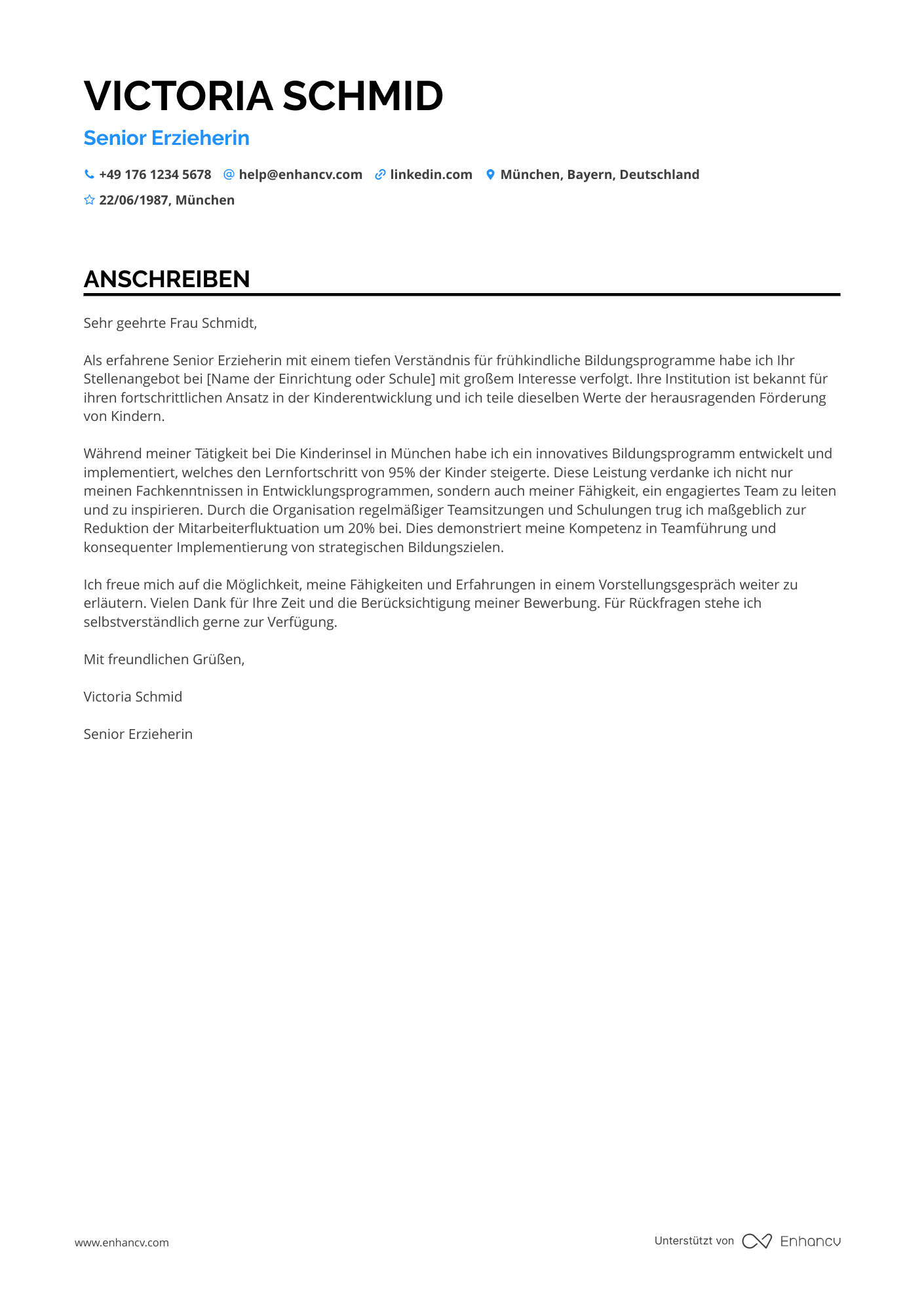 Senior Erzieherin Resume Example