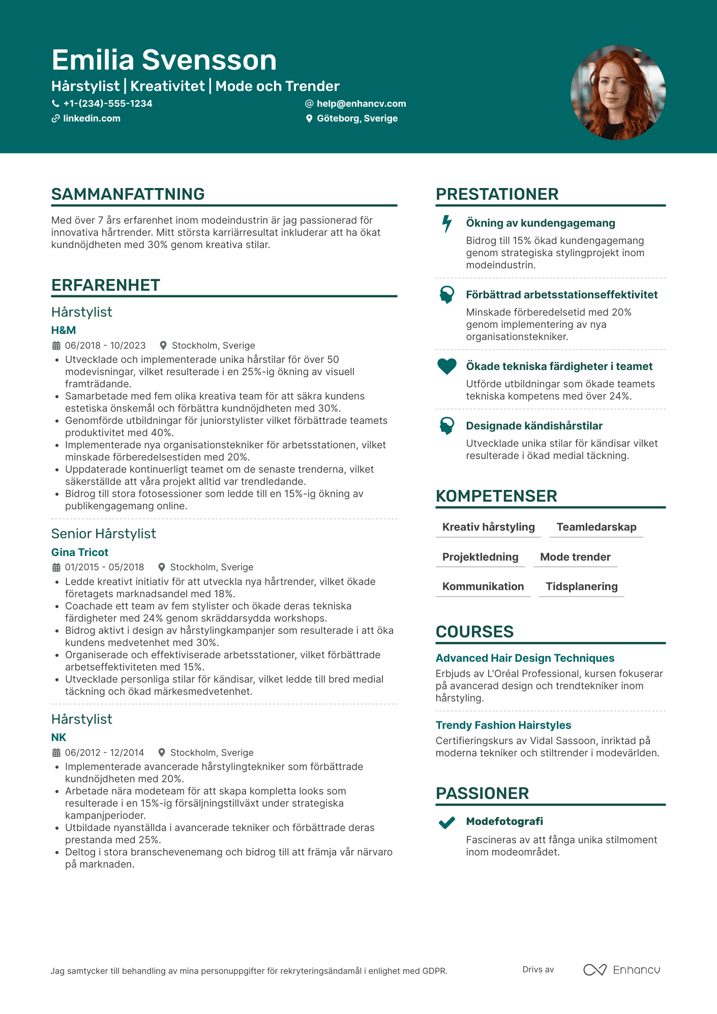 CV för Hårstylist inom Modeindustrin Resume Example