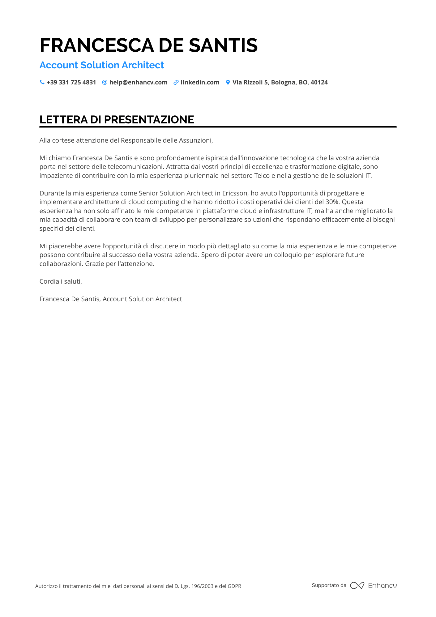 Architetto di soluzioni OSS Resume Example