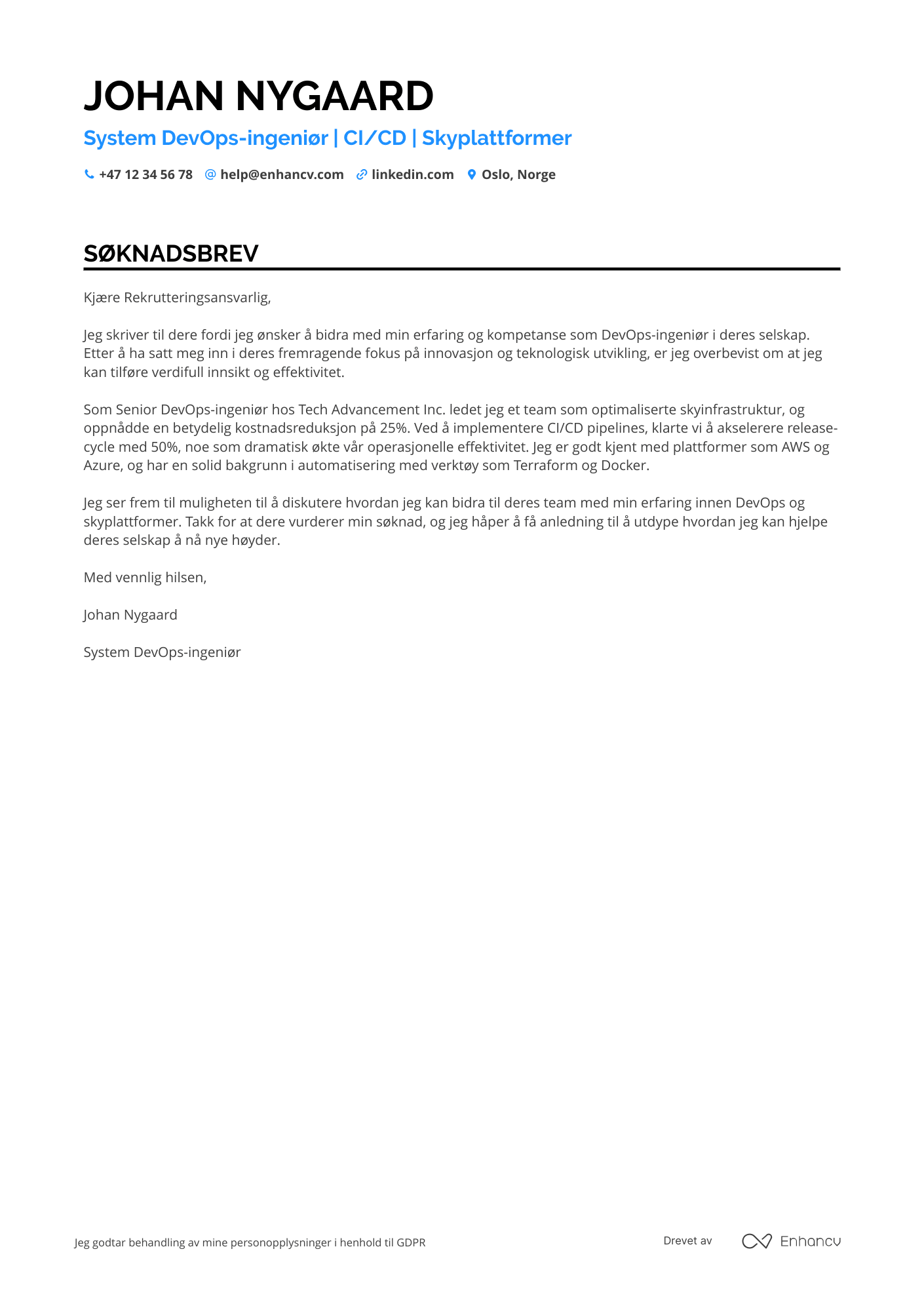 Søknadsbrev for System DevOps ingeniør Resume Example