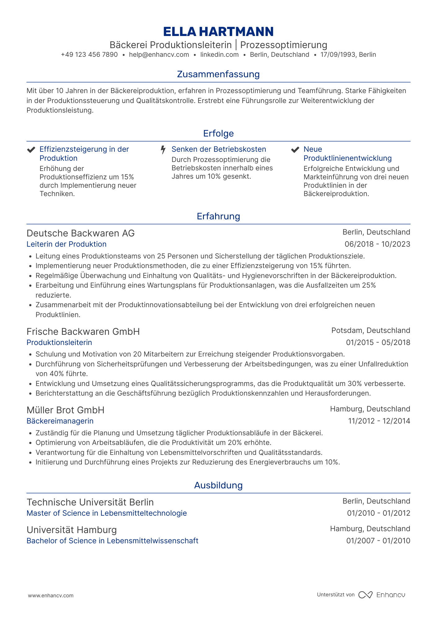 Lebenslauf als Bäckerei Produktionsleiter Resume Example