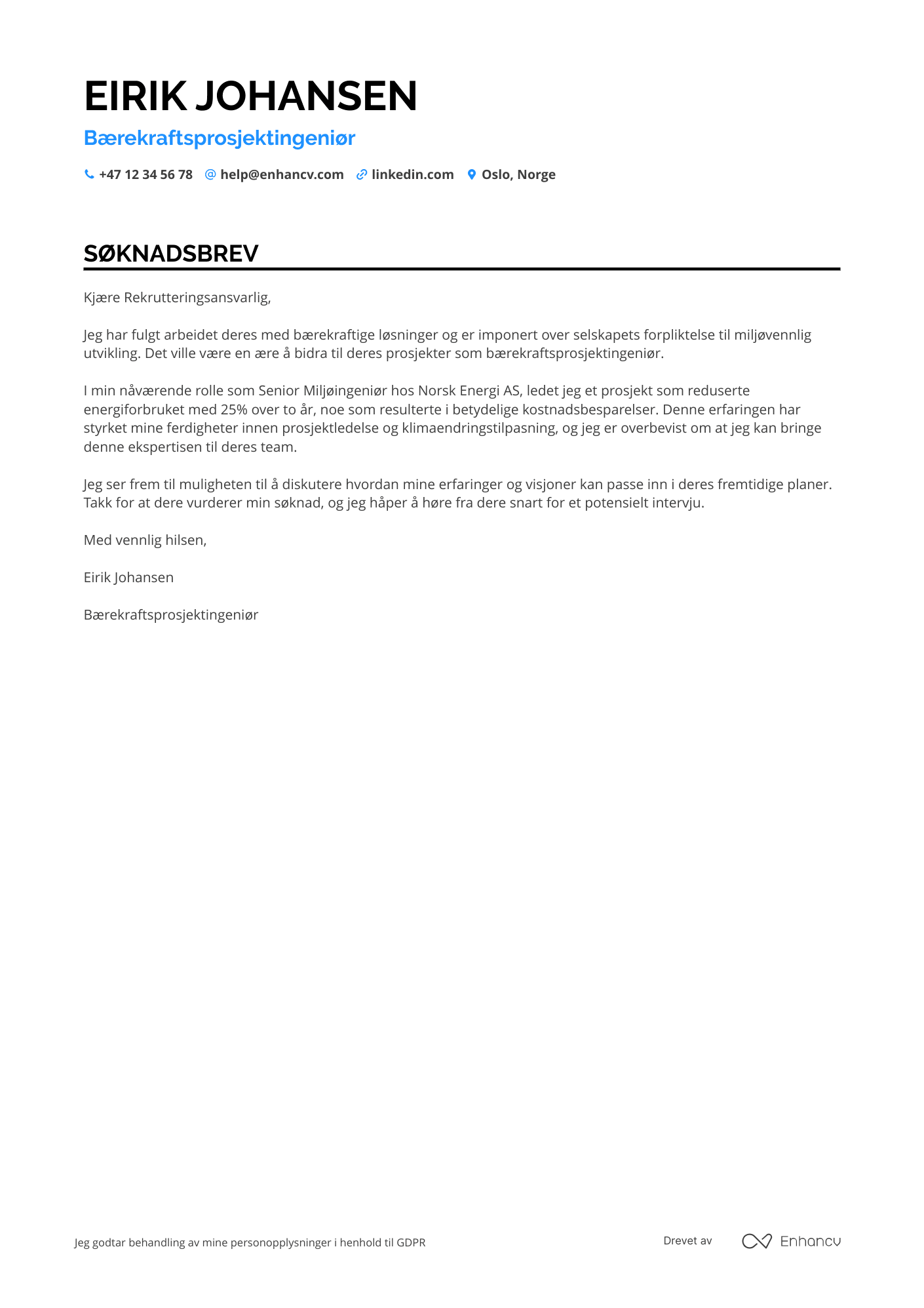 Søknadsbrev for Bærekraftsprosjektingeniør med Fokus på Klimatilpasning Resume Example