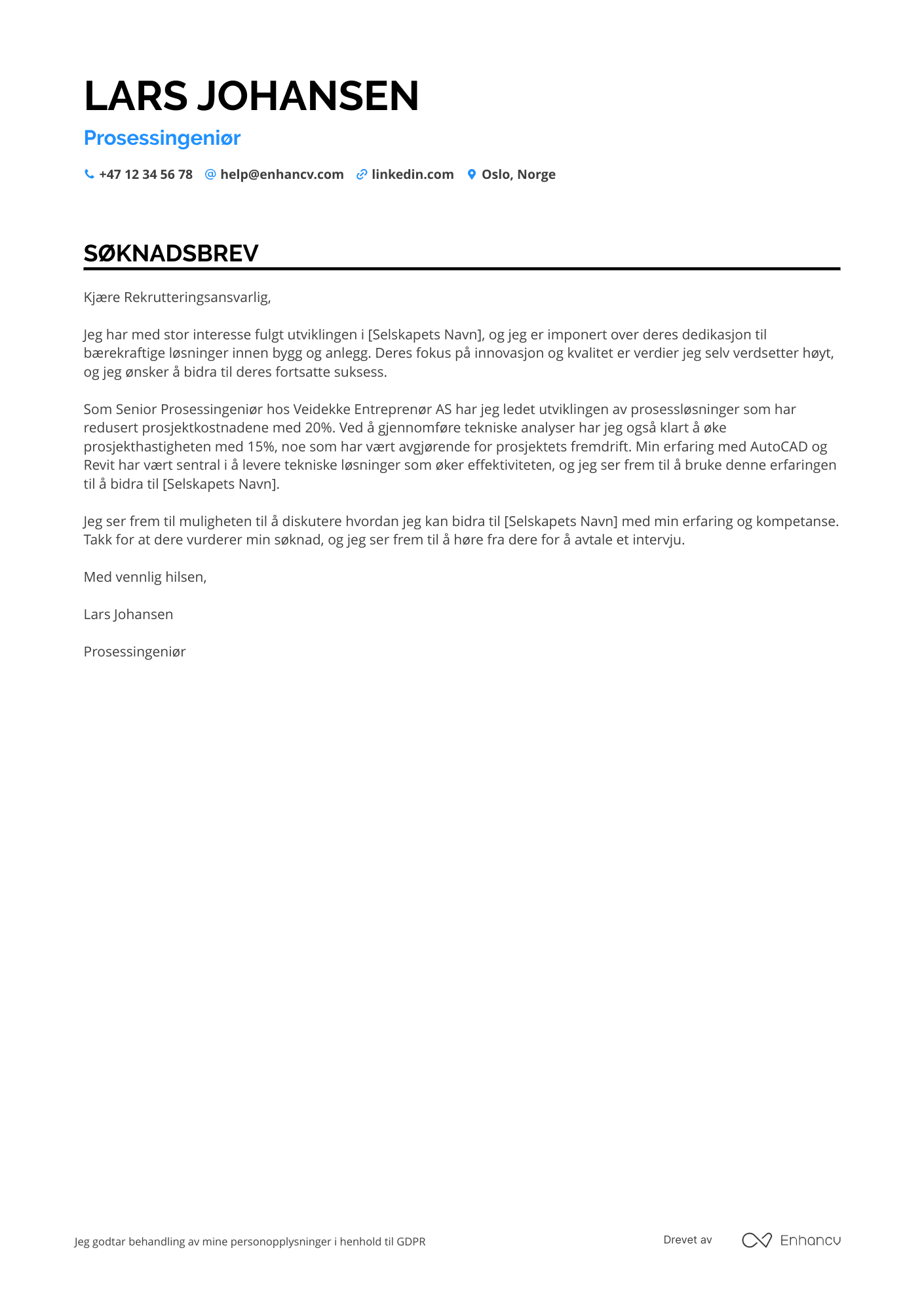 Søknadsbrev for Prosessingeniør Bygg og Anlegg Resume Example
