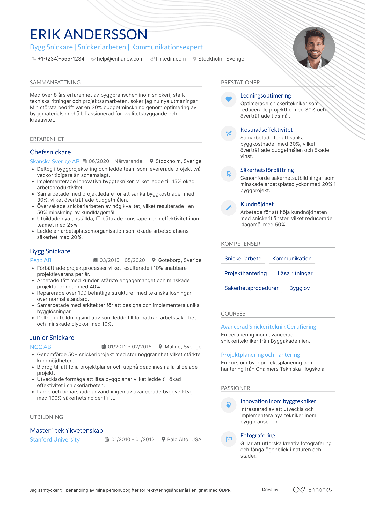 CV för Bygg Snickare Resume Example