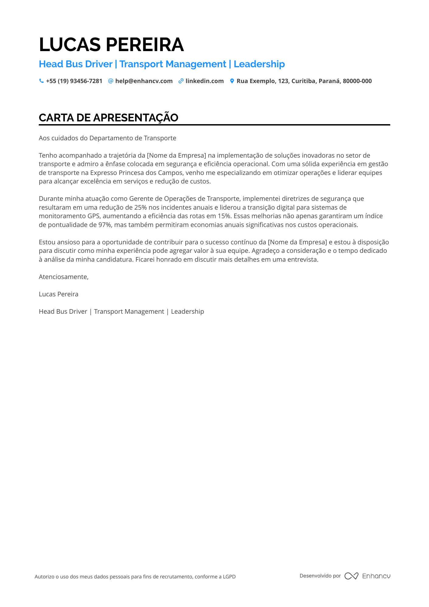 Motorista de ônibus de longa distância Resume Example