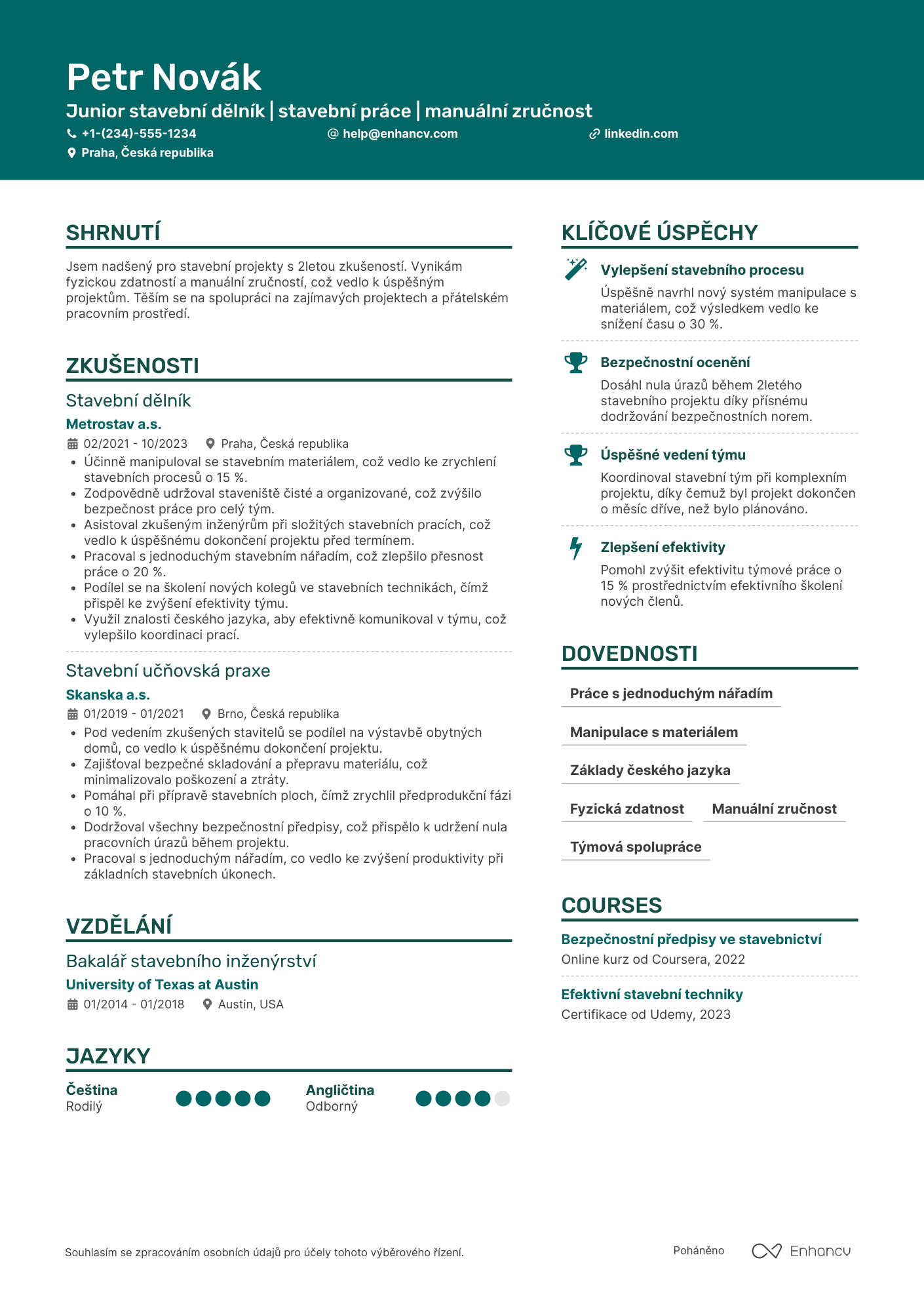 Životopis pro Junior stavební dělník Resume Example