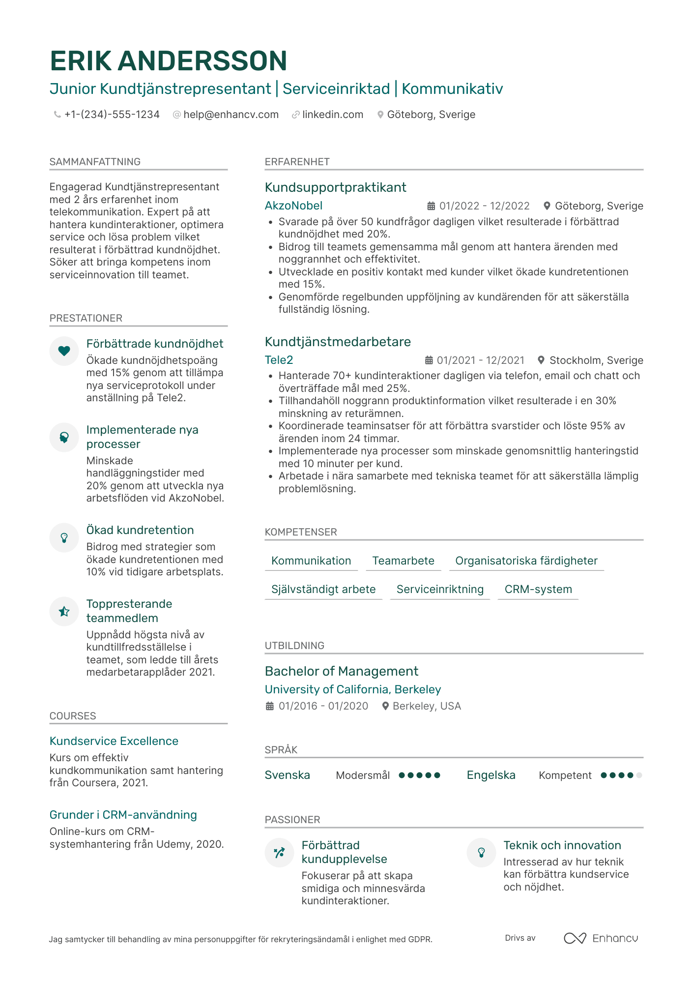 CV för Junior Kundtjänstrepresentant Resume Example