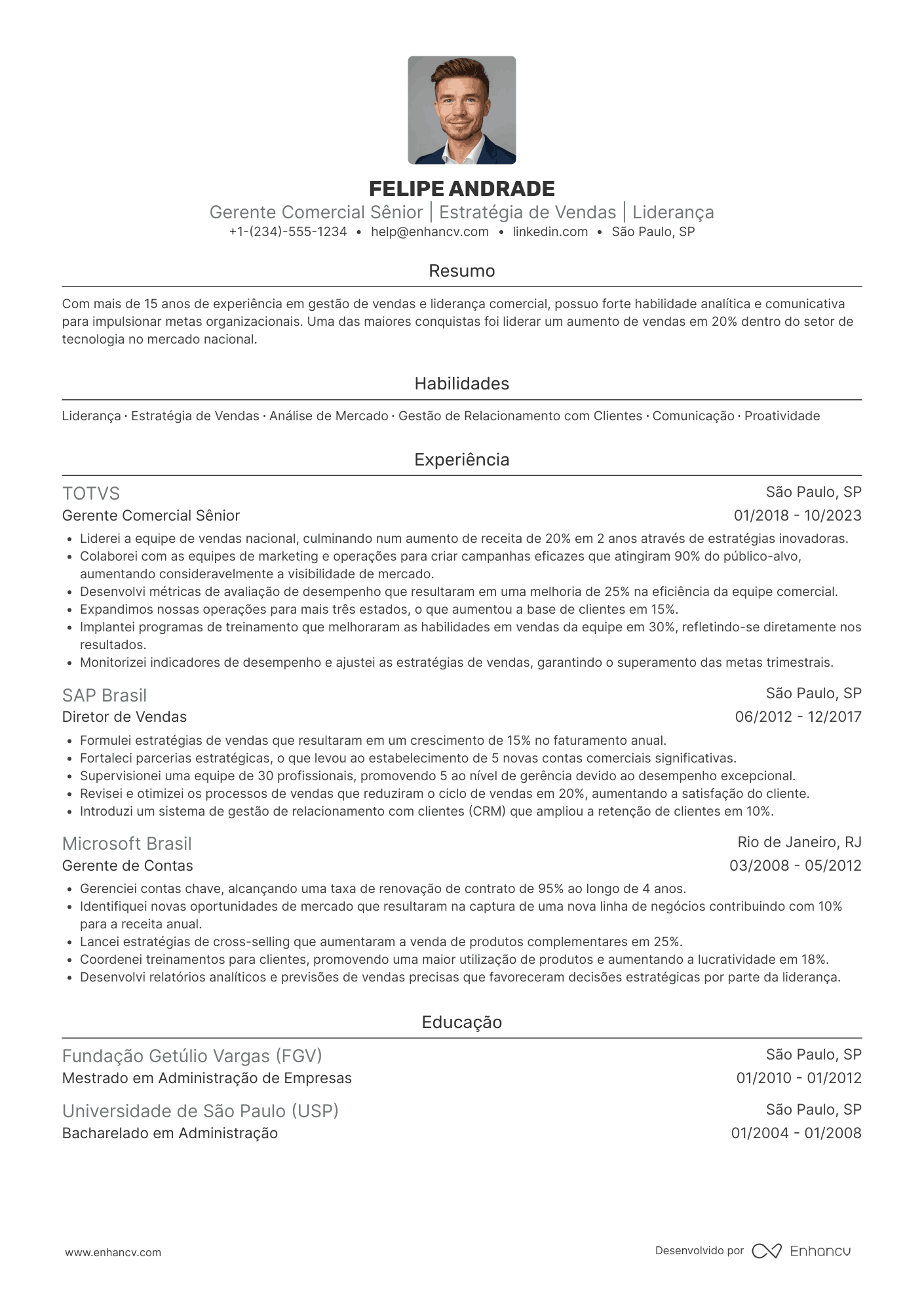 Currículo gerente comercial nacional Resume Example