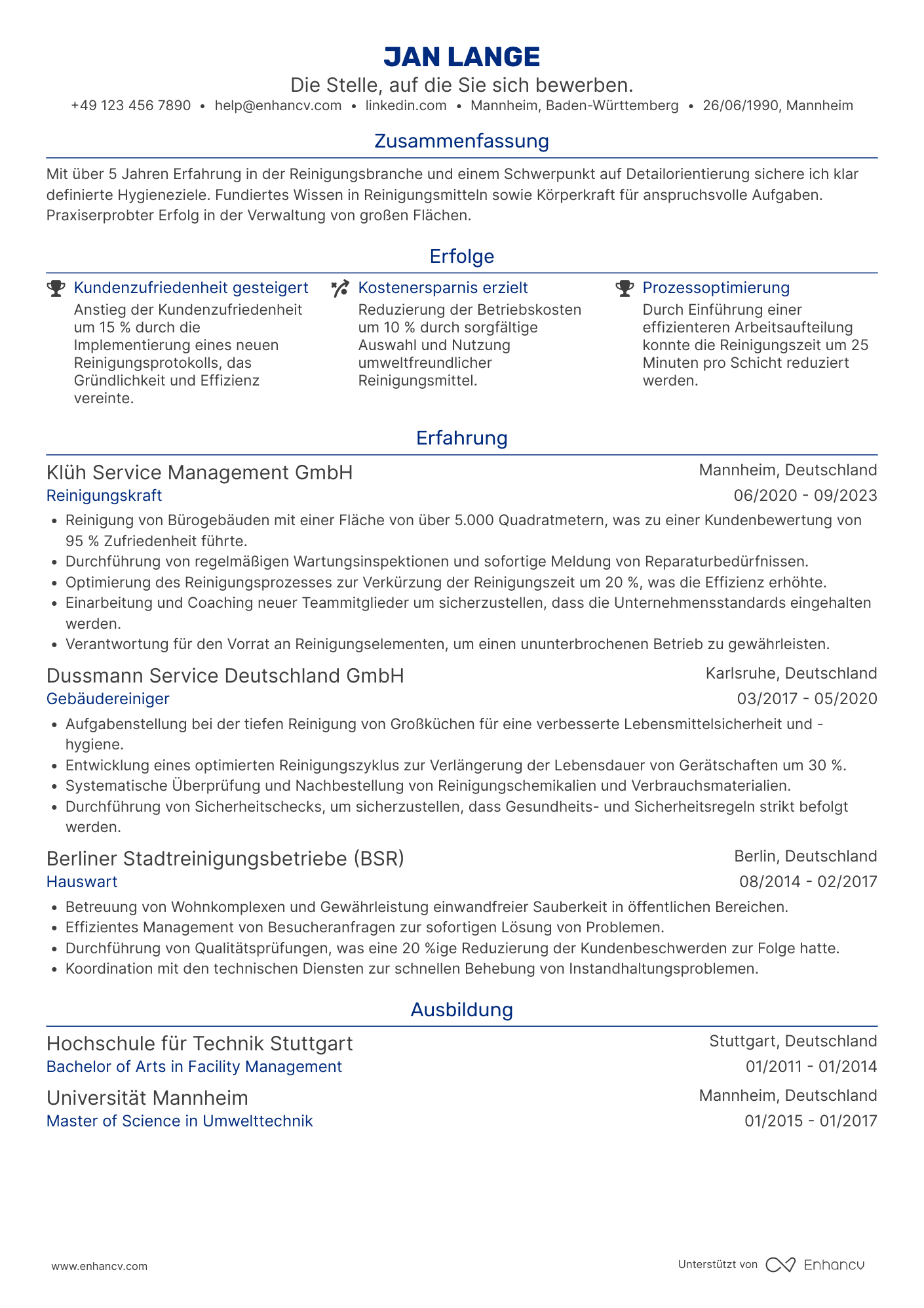 Lebenslauf als Vollzeit Reinigungskraft Resume Example