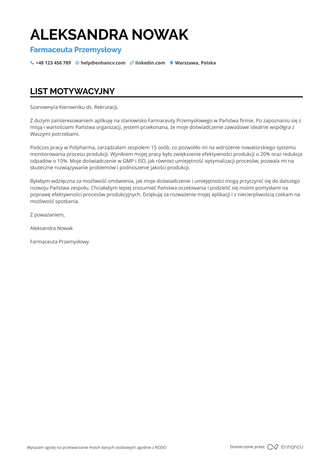 List motywacyjny dla Farmaceuta Przemysłowy Resume Example