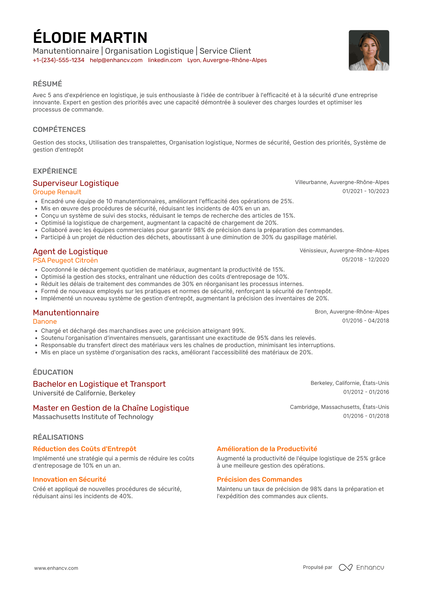 CV de manutentionnaire en usine Resume Example