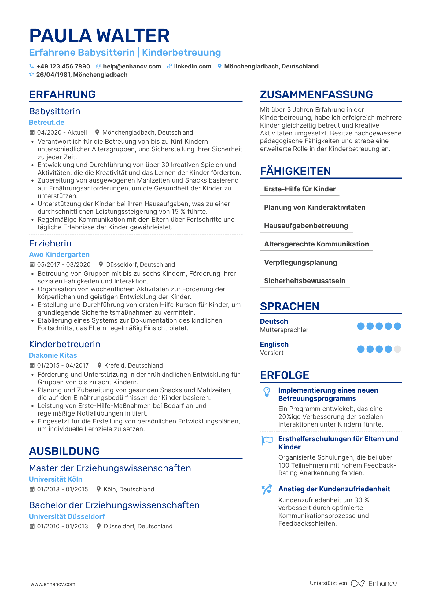 Lebenslauf als Babysitter mit Erfahrung in der Betreuung von mehreren Kindern gleichzeitig Resume Example