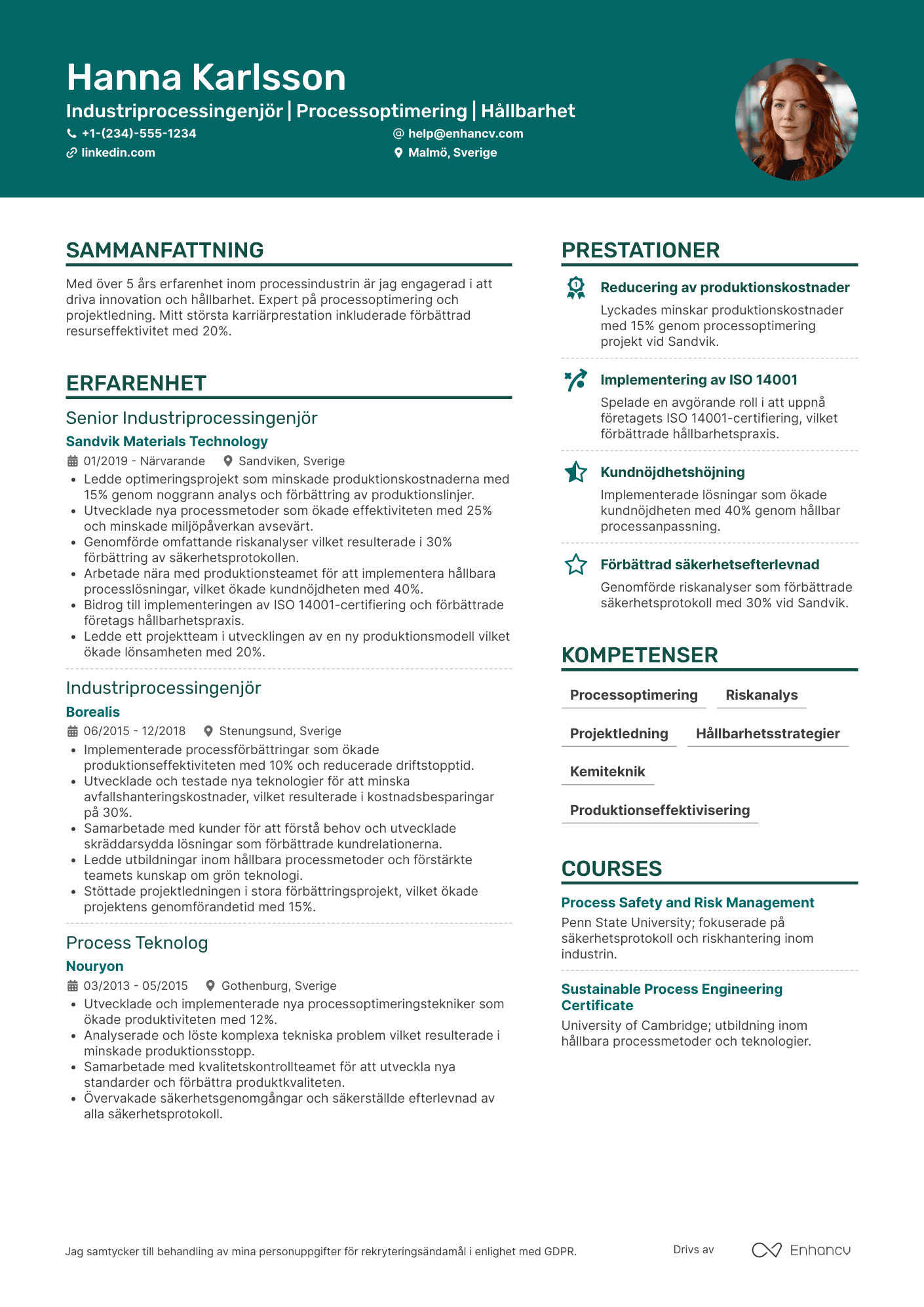 CV för Industriprocessingenjör Resume Example