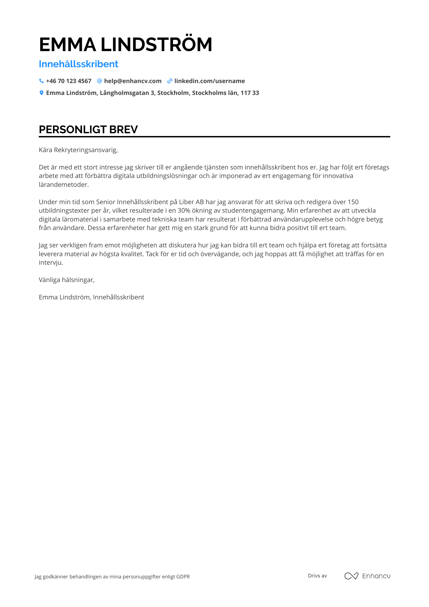 Personligt brev för Innehållsskribent inom utbildning Resume Example