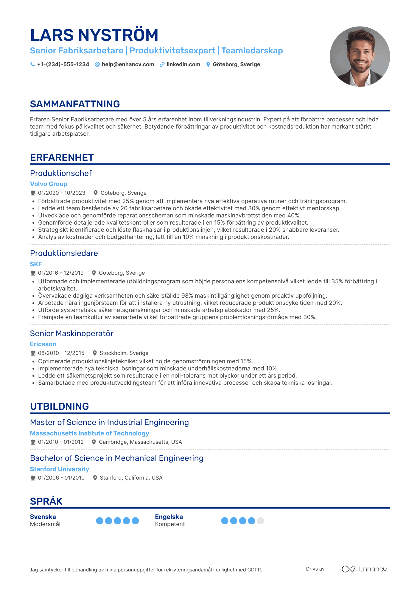 CV för Senior Fabriksarbetare Resume Example