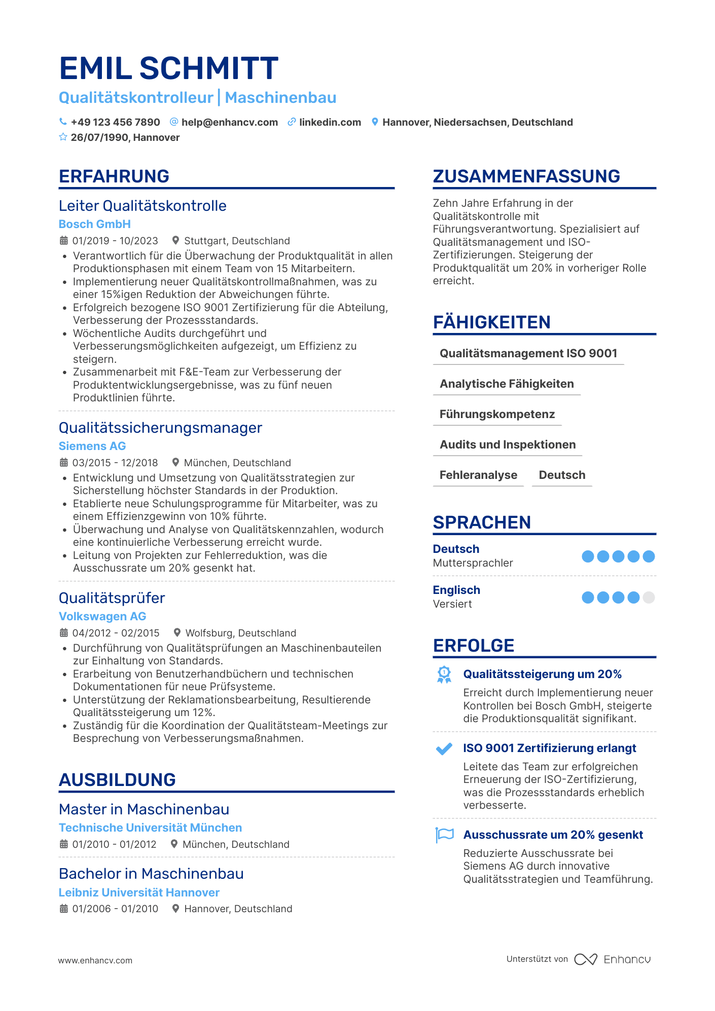 Lebenslauf als Qualitätskontrolleur mit Führungserfahrung Resume Example