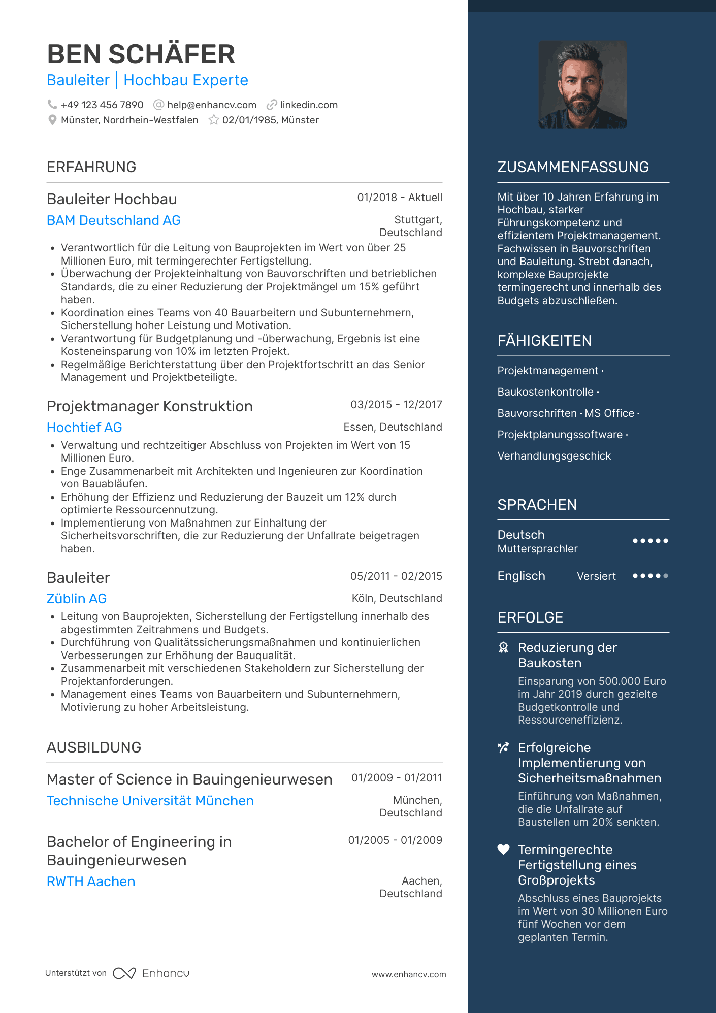 Lebenslauf als Bauleiter im Hochbau Resume Example