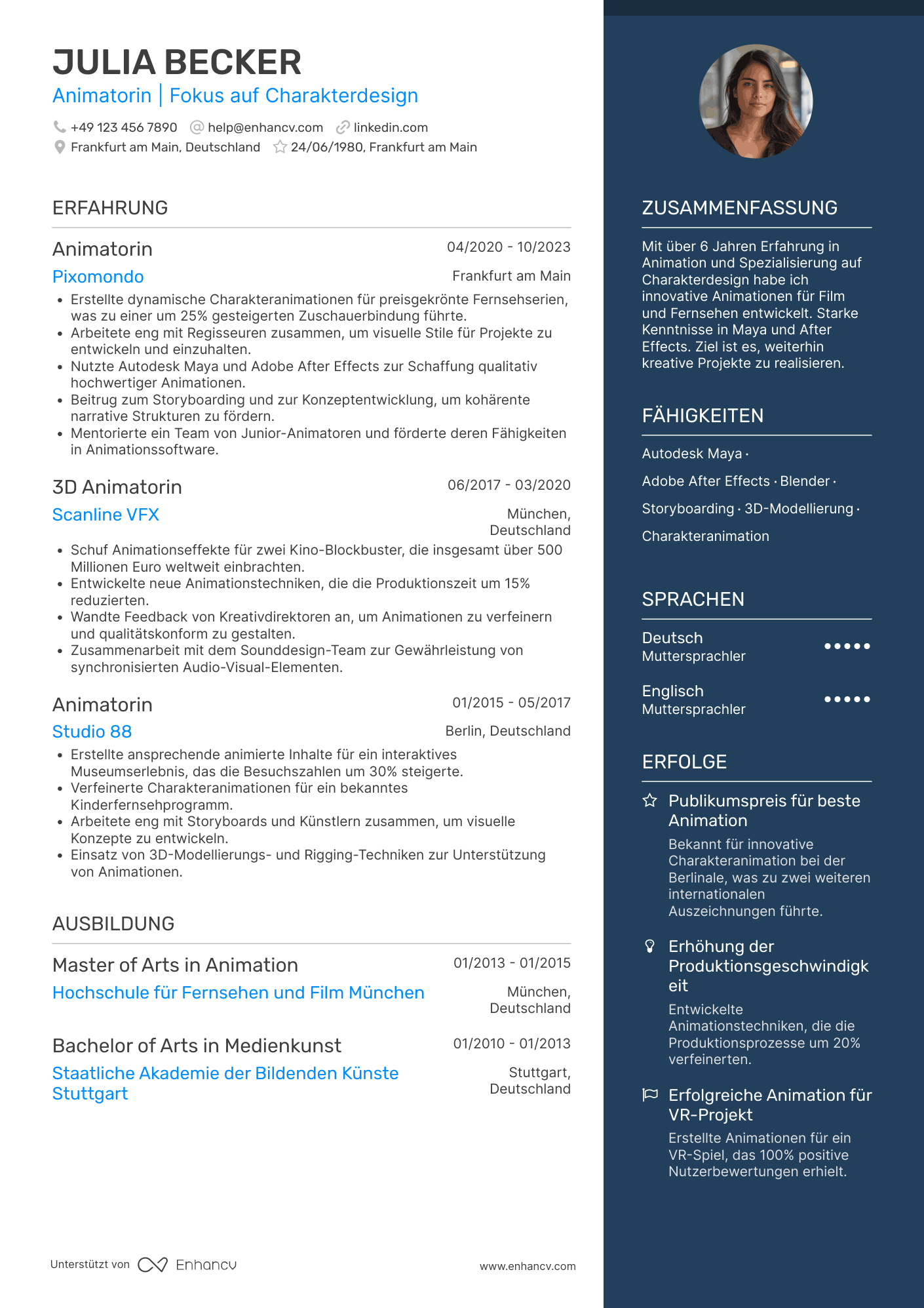 Lebenslauf in Künstlerischer Animator Resume Example