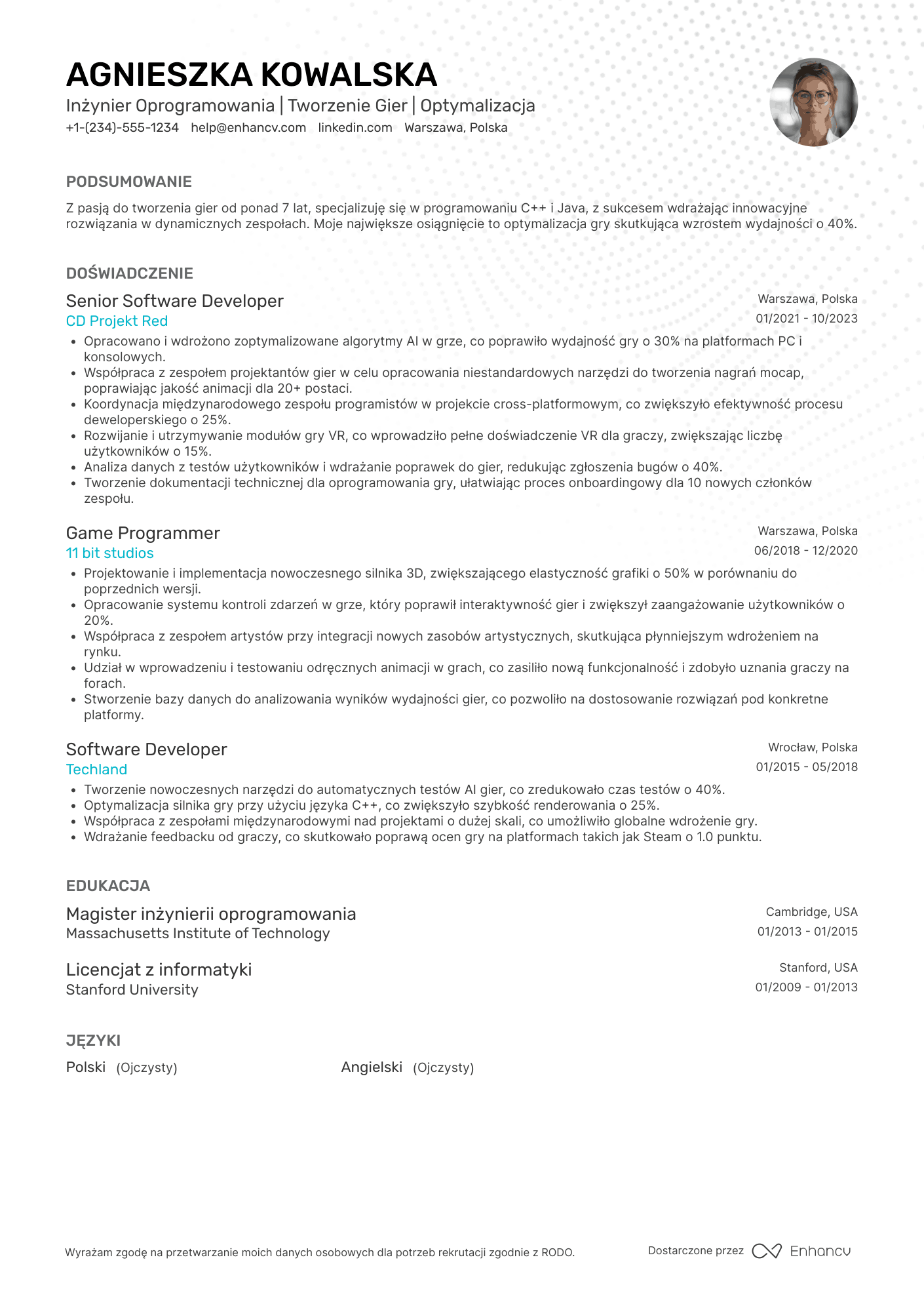 CV dla Gaming Software Engineer Resume Example