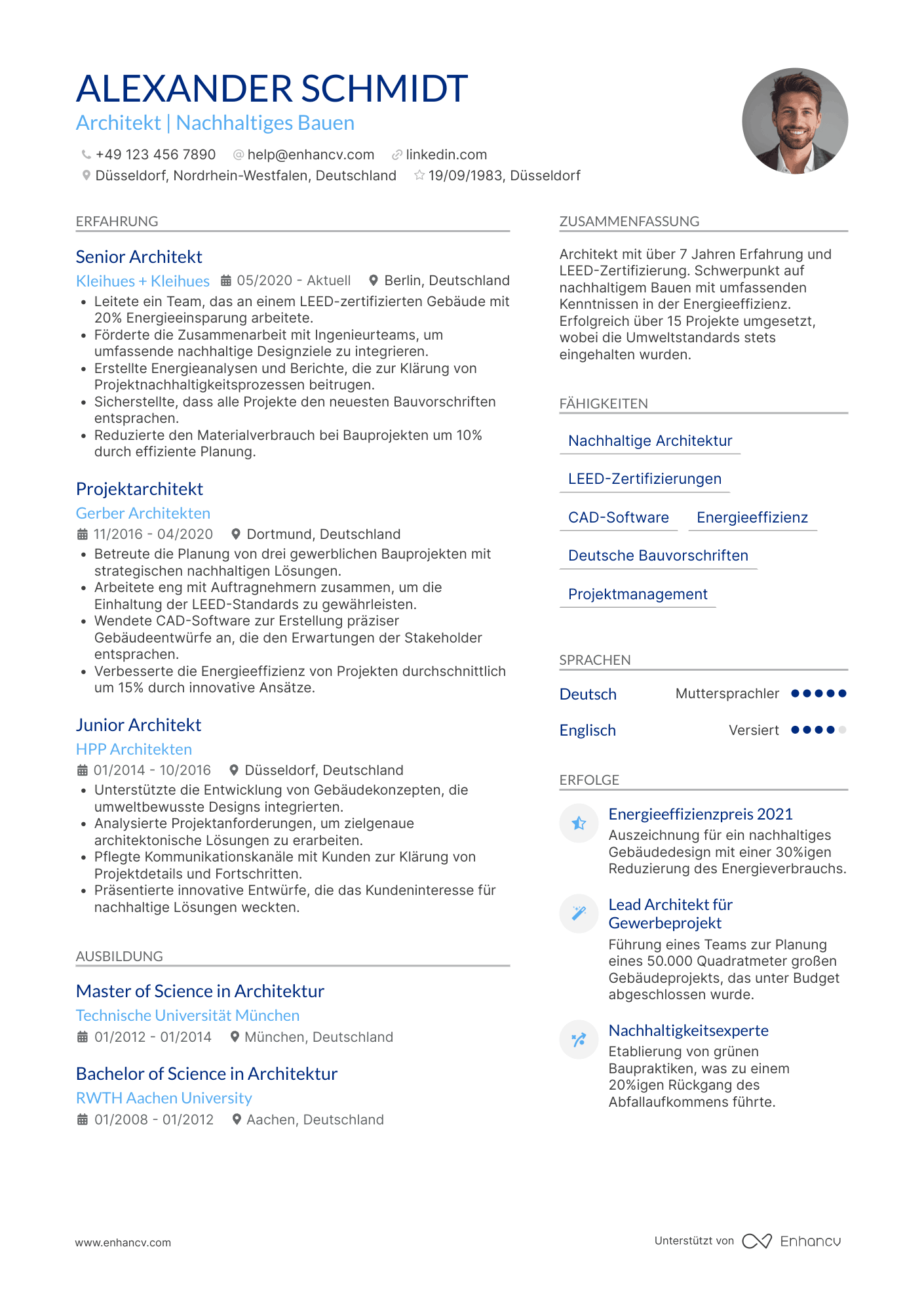 Lebenslauf als Architekt mit LEED Zertifizierung Resume Example