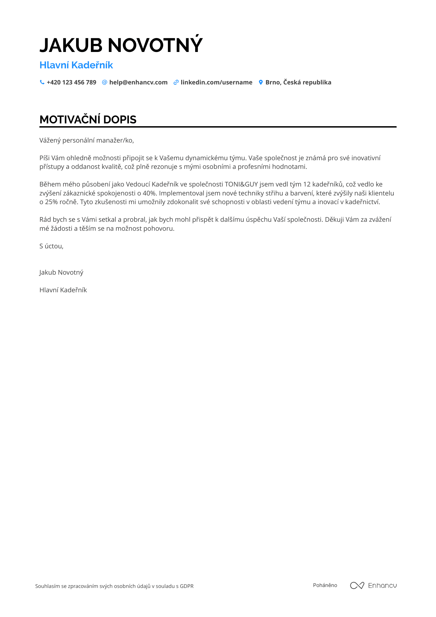 Motivační dopis pro Hlavní Kadeřník Resume Example