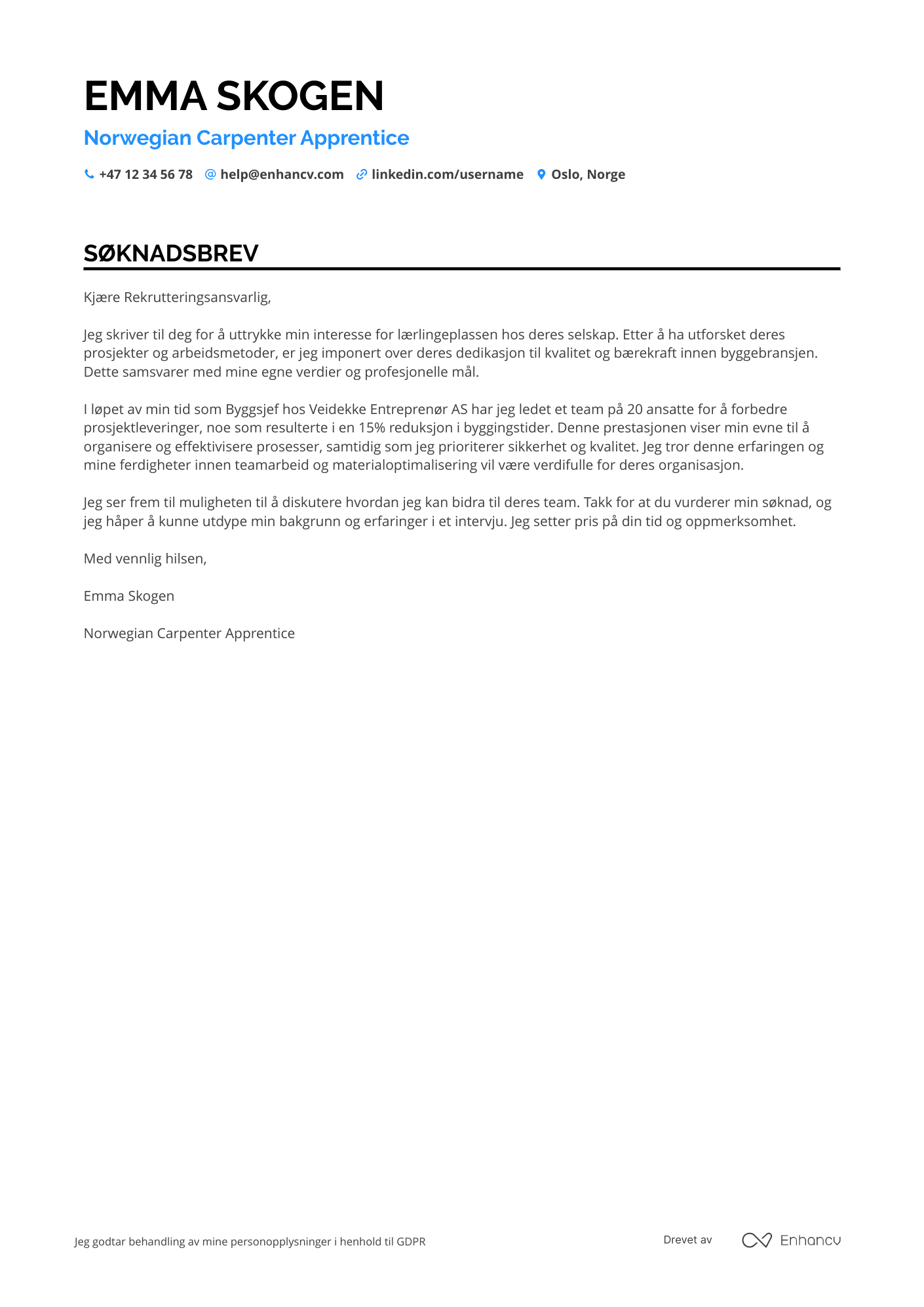 Søknadsbrev for Lærlingsnekker Resume Example