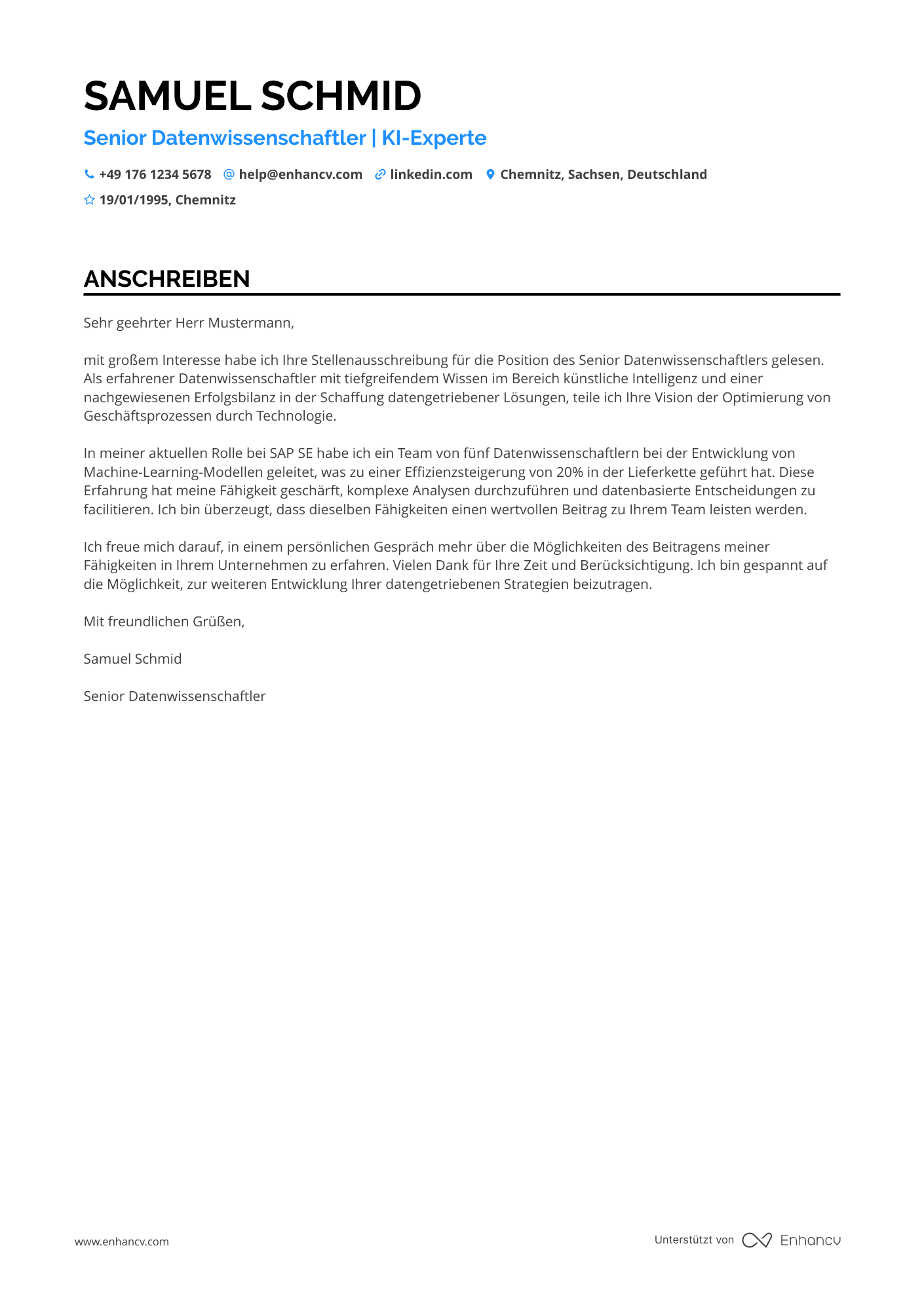Senior Datenwissenschaftler Resume Example