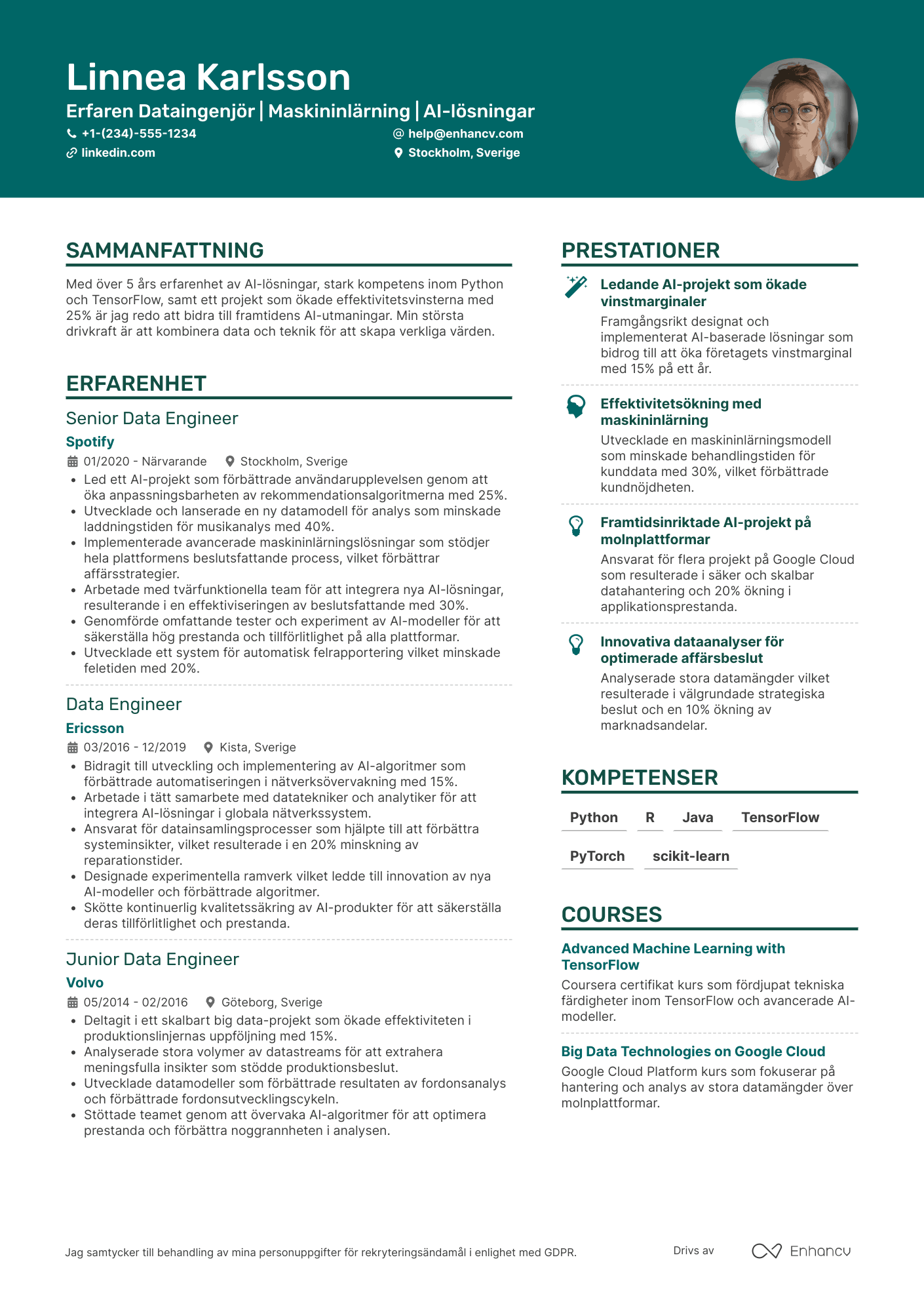 CV för Dataingenjör med fokus på AI Resume Example