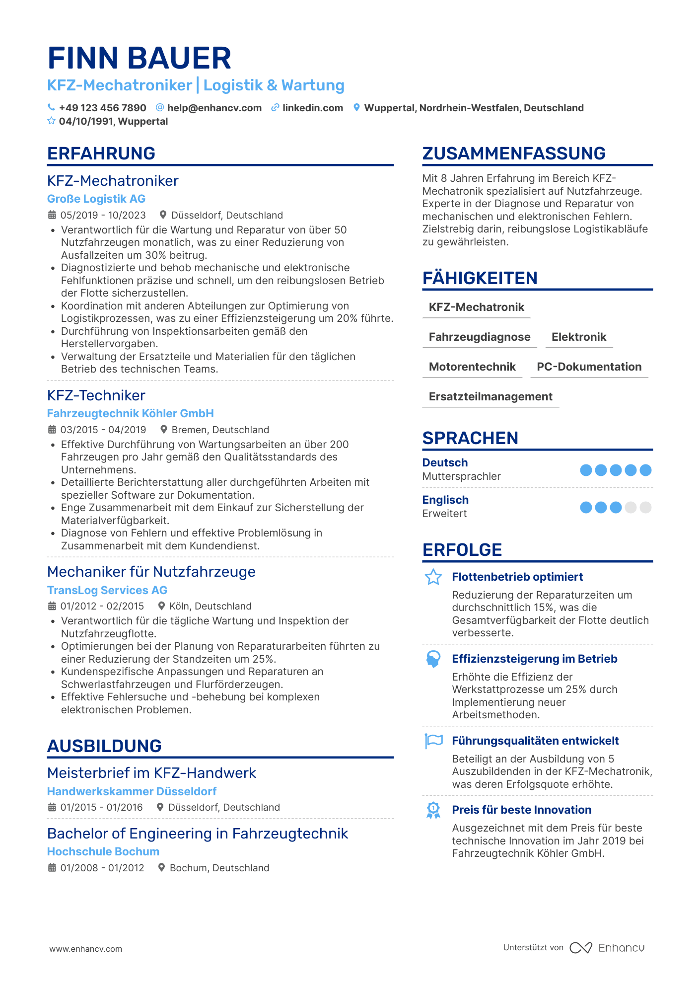 Lebenslauf in KFZ Mechatroniker in der Logistik Resume Example