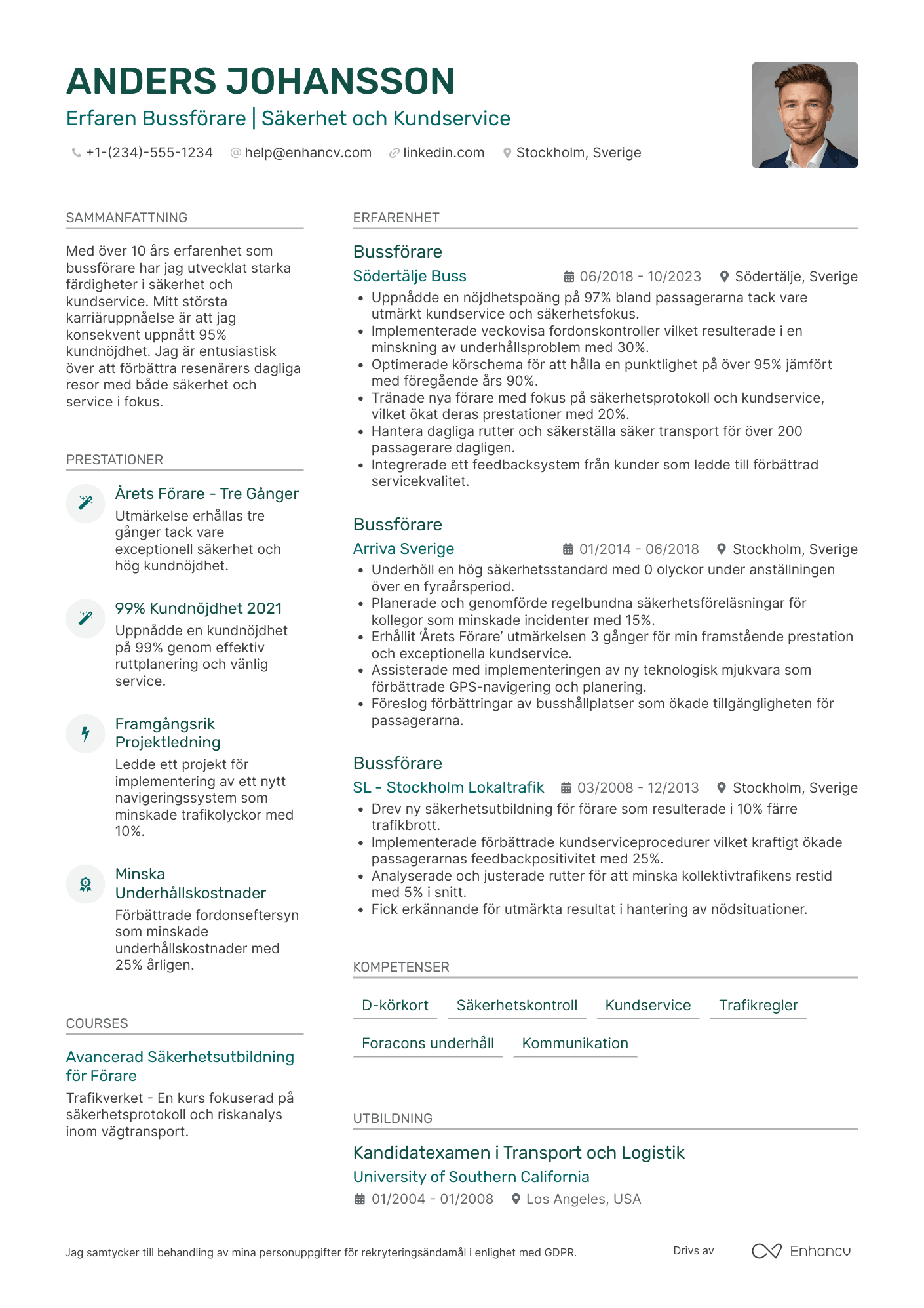 CV för Säkerhetsfokuserad Bussförare Resume Example
