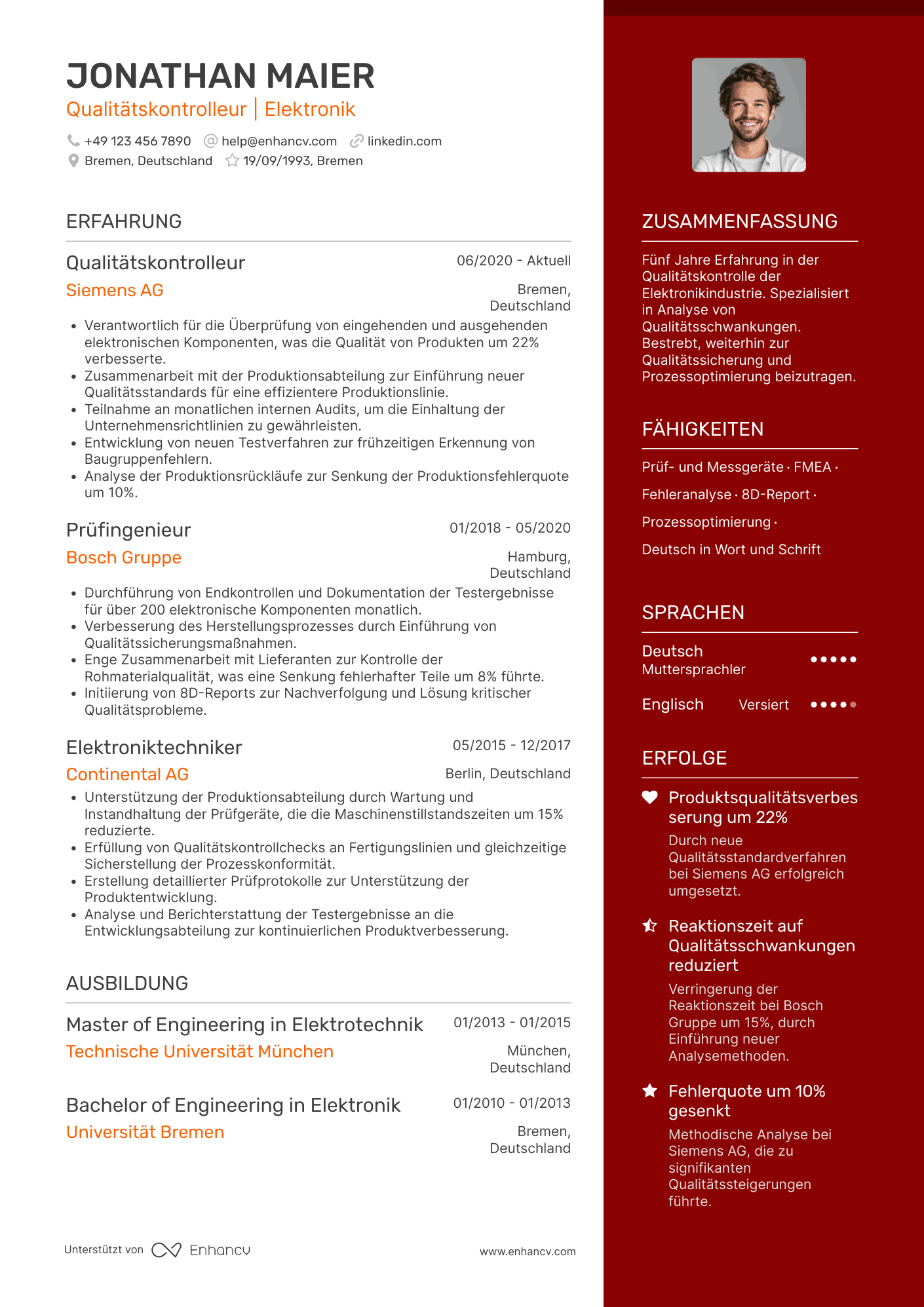 Lebenslauf in Qualitätskontrolleur in der Elektronikindustrie Resume Example