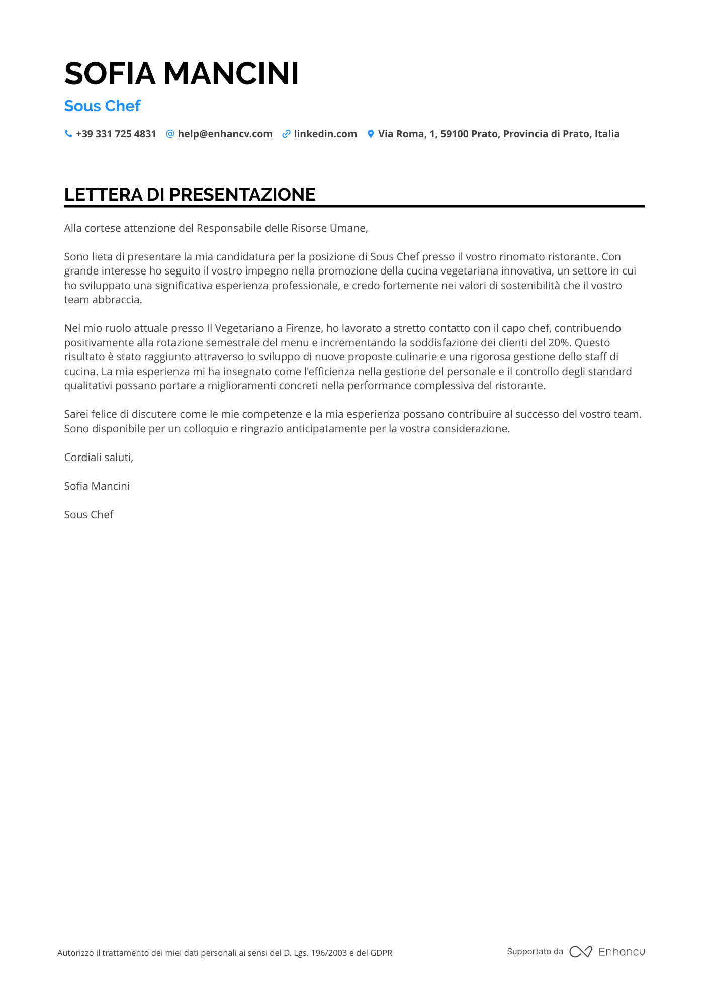 Cuoco di Cucina Vegetariana Resume Example