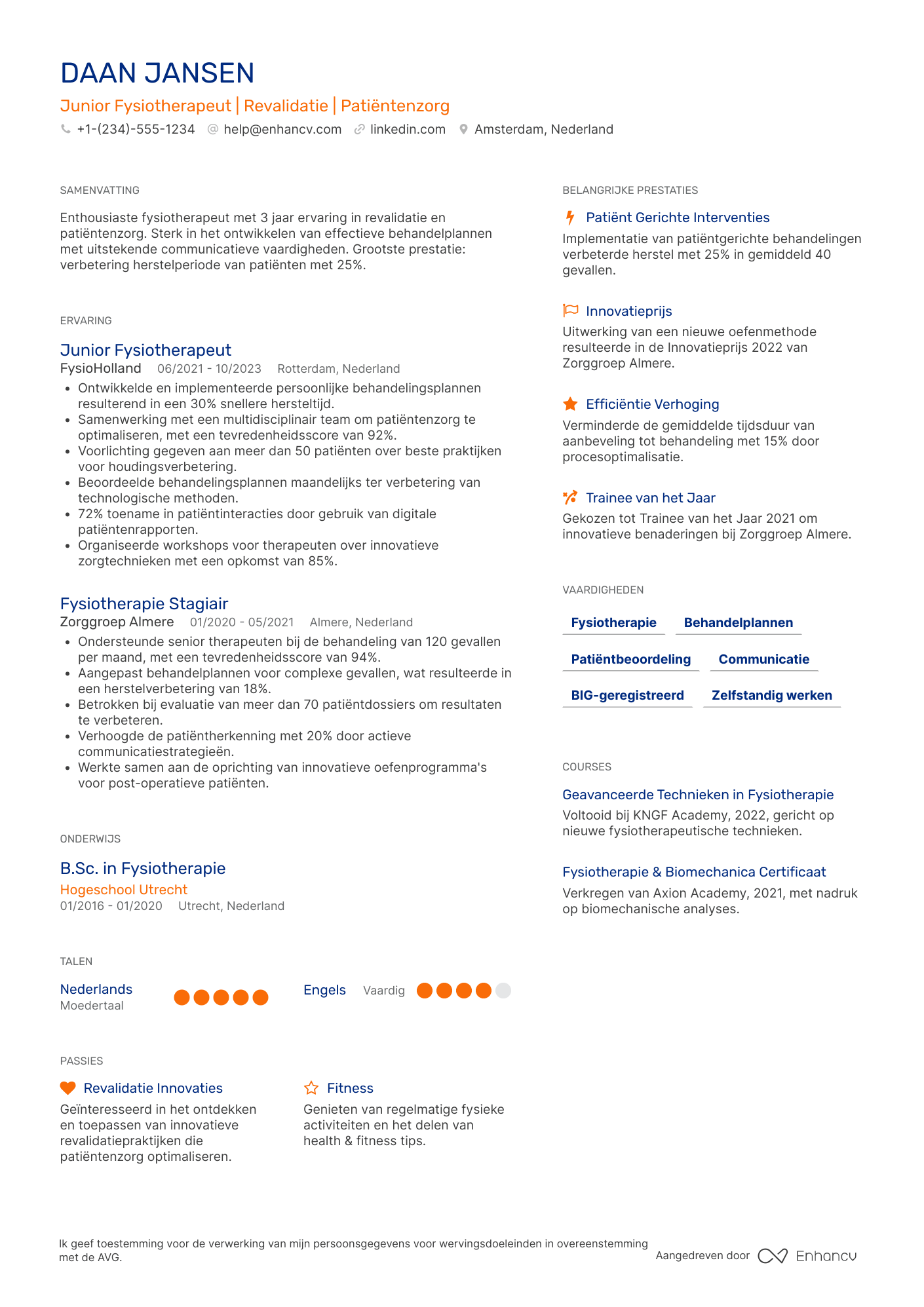 CV voor Junior Fysiotherapeut Resume Example