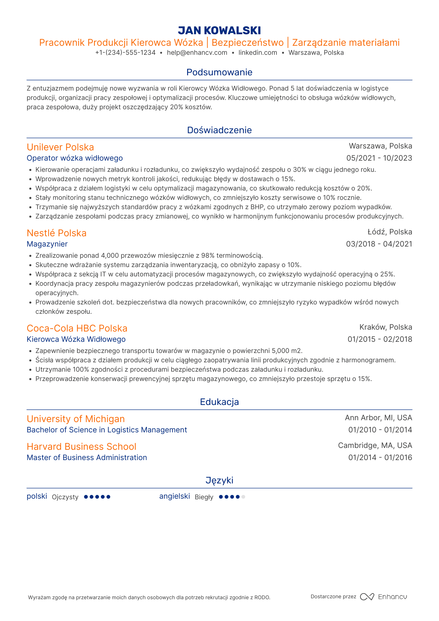 CV dla Pracownik Produkcji Kierowca Wózka Resume Example