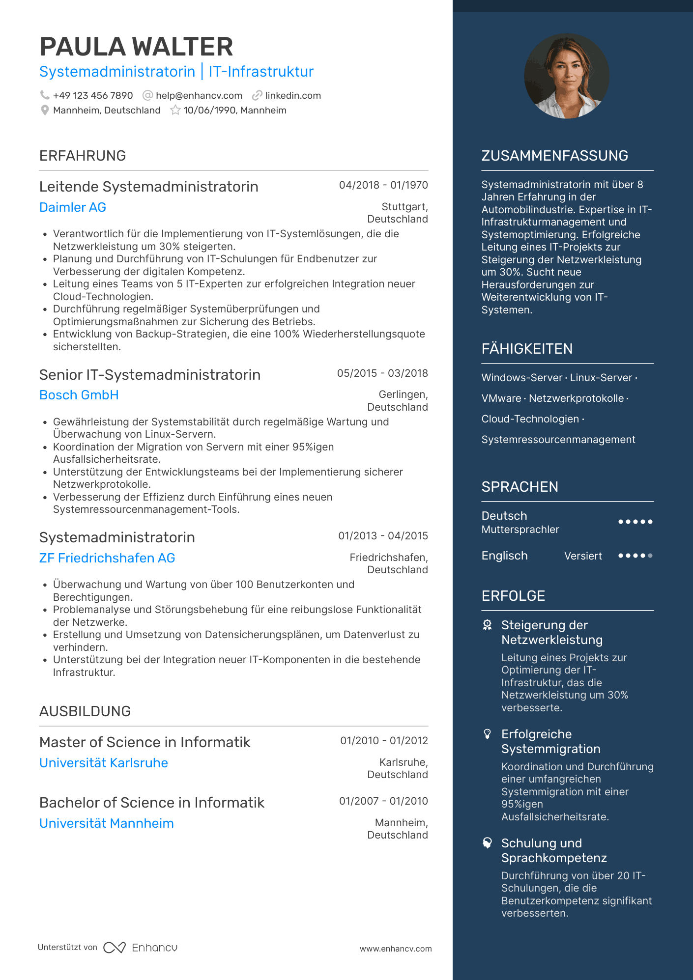 Lebenslauf in Systemadministrator in der Automobilindustrie Resume Example