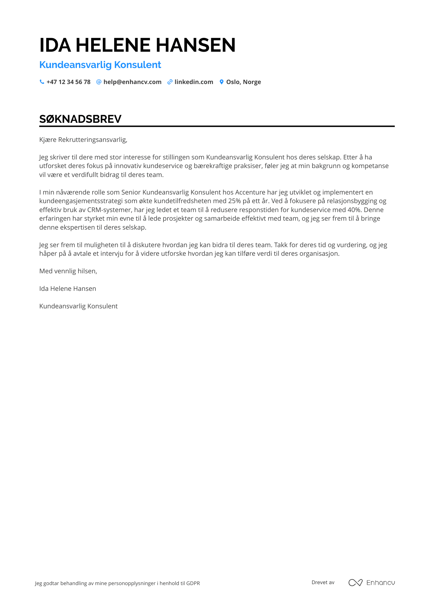 Søknadsbrev for Kundeansvarlig Konsulent Resume Example