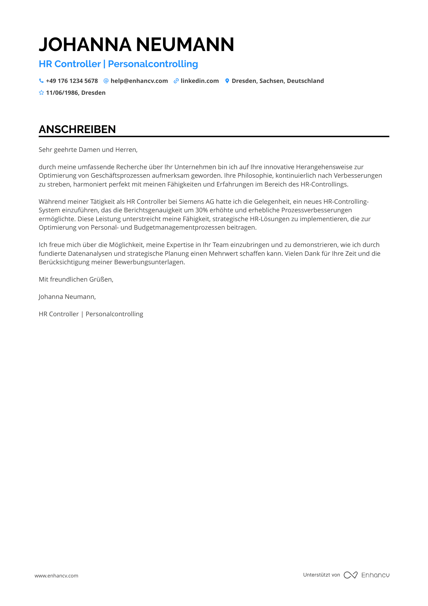 Personaler für Personalcontrolling Resume Example