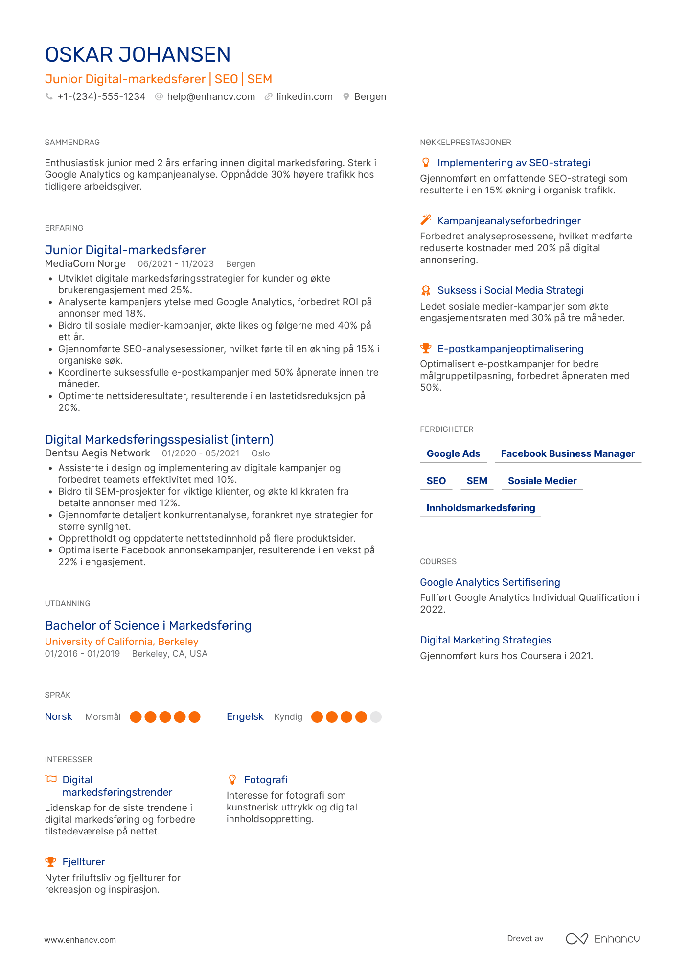 CV for Junior digital markedsfører Resume Example