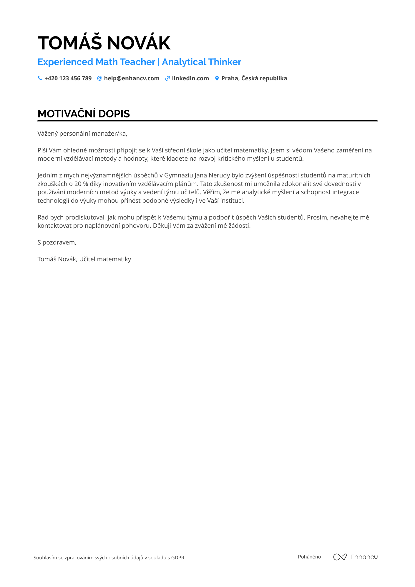 Motivační dopis pro Hlavní učitel matematiky Resume Example
